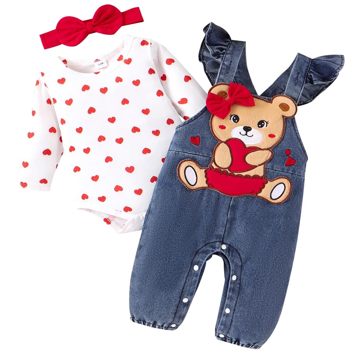 Abbigliamento per Neonata Set Body con Stampa Carina a Cuori/Pois+ Regolabile Orso/Elefante Salopette Pantaloni Autunno Inverno Tuta Vestiti Set