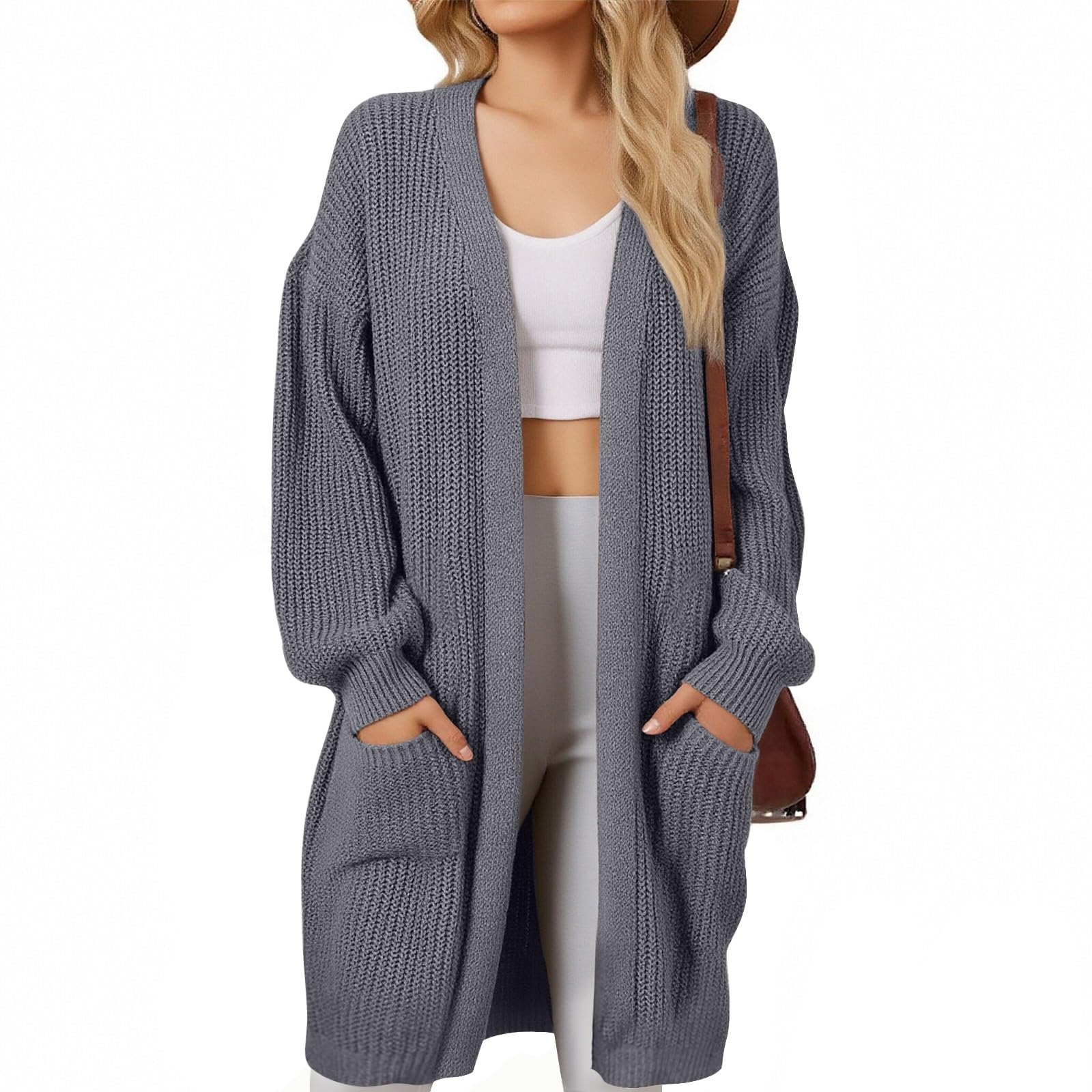 Generisch Cardigan da donna aperto sul davanti, elegante cardigan lungo, aperto sul davanti, cardigan casual largo, leggero, cardigan casual, elegante, per il tempo libero, con tasche, per l'autunno