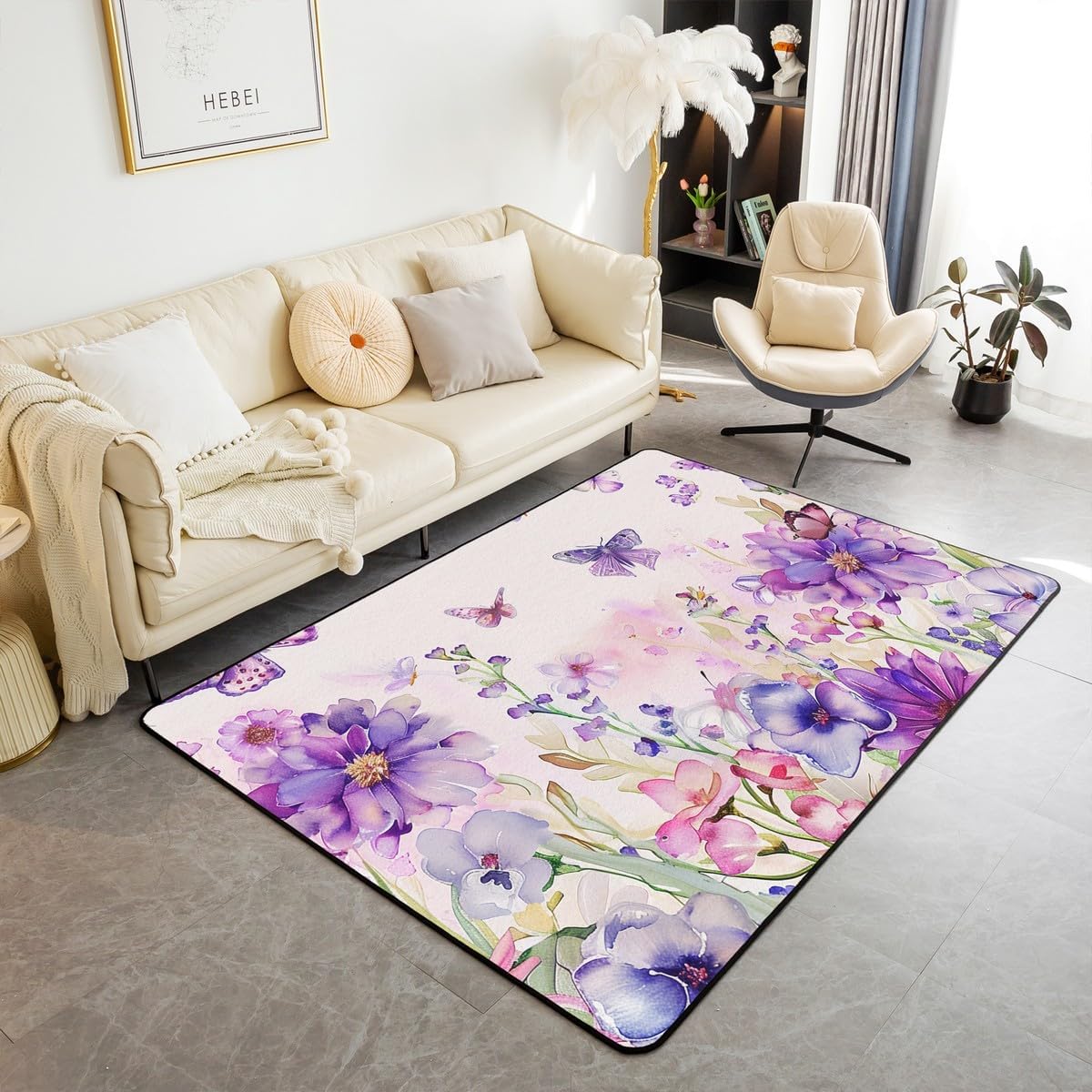 Erosebridal Florals Area Rug 3x5, Butterfly Flowers Non Slip Carpet, Romantic Garden Indoor Floor Mat for Living Room Bedroom Office, Purple Pink Animals Botanical Kids Boys Girls Decorative Rug