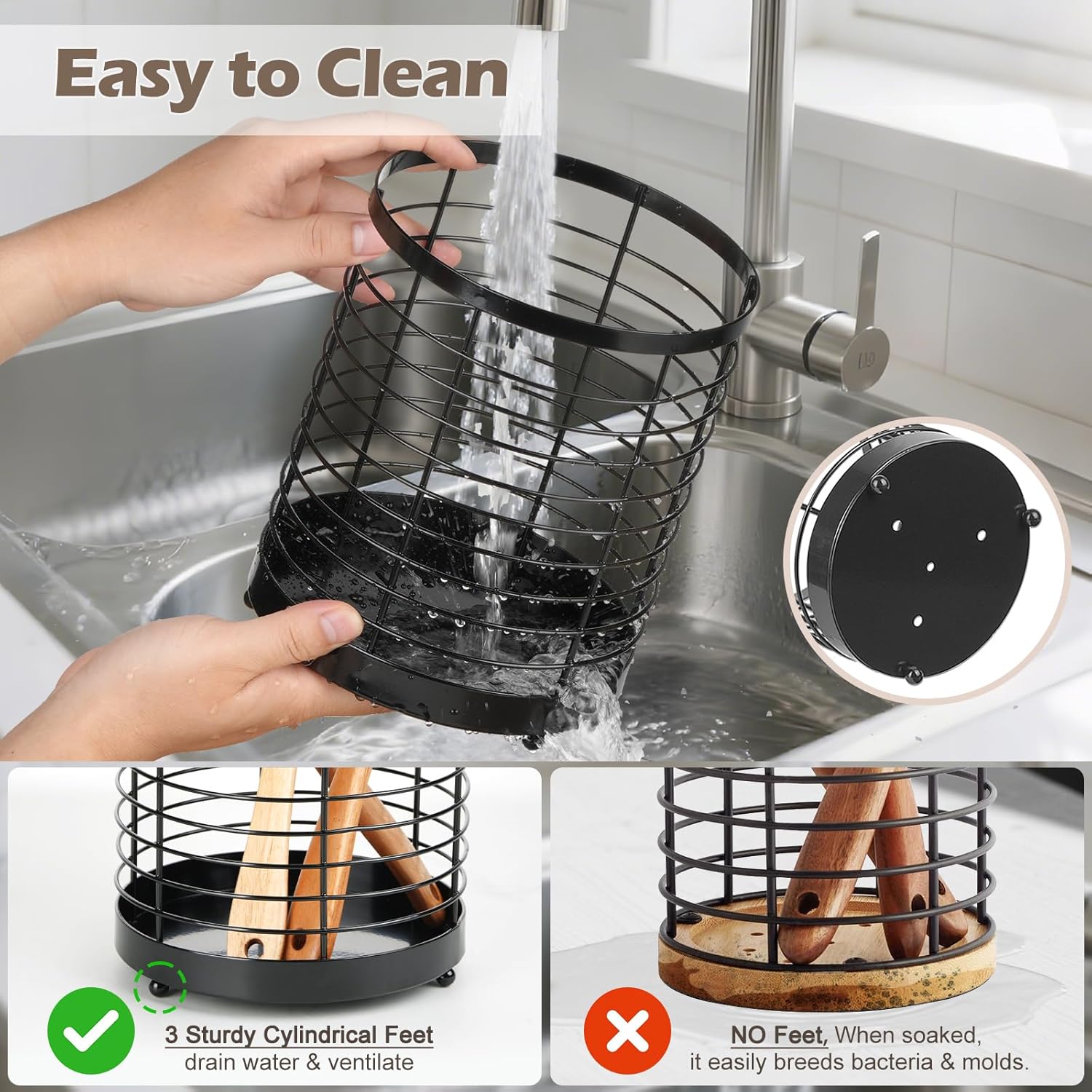 Utensil Holder, 7.7"+6" Stainless Steel Utensil Holder for Kitchen Counter, Cooking Tools Spatula, Silverware Forks, Knives, Spoons Utensil Crocks Organizer Drying Rack, Set of 2 - Image 4