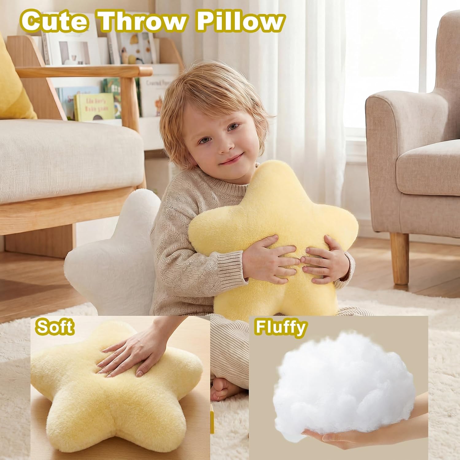 2PCS Star Pillow Set, 15.35’’ Cute Yellow White Decorative Star Shaped Throw Pillows for Bed Couch, Aesthetic Soft Faux Plush Pillow Cushion for Room Bedroom Decor Sofa Chair (Yellow&White)