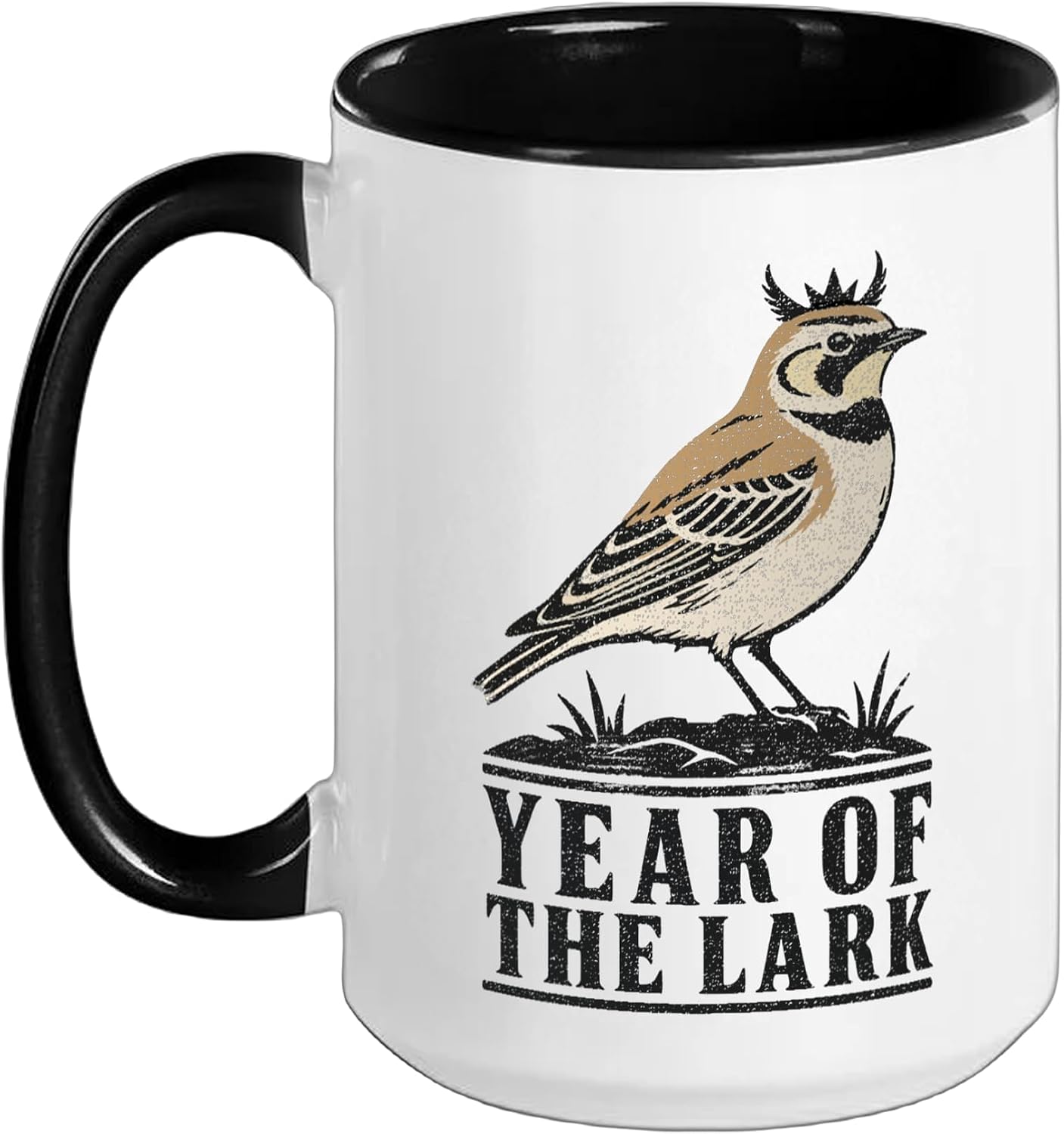 'Year of the Lark' Cute Horned Lark with Crown Ceramic Mug, Black/White, 15oz