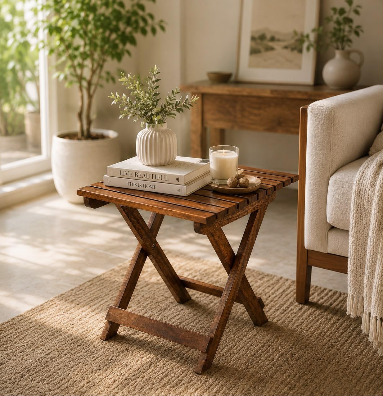 Premium Solid Wood Folding Side Table 13x13x13 Inch | Handmade Wooden Square End Table & Stool, Portable Coffee Table for Living Room, Bedroom, Balcony & Outdoor-image-42