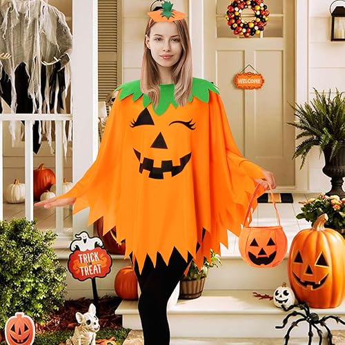 Miniatura 5 de KOFECIT Poncho de calabaza de Halloween para mujer, disfraz de capa de calabaza con diadema y bolsa de dulces, disfraz de Halloween para mujeres y