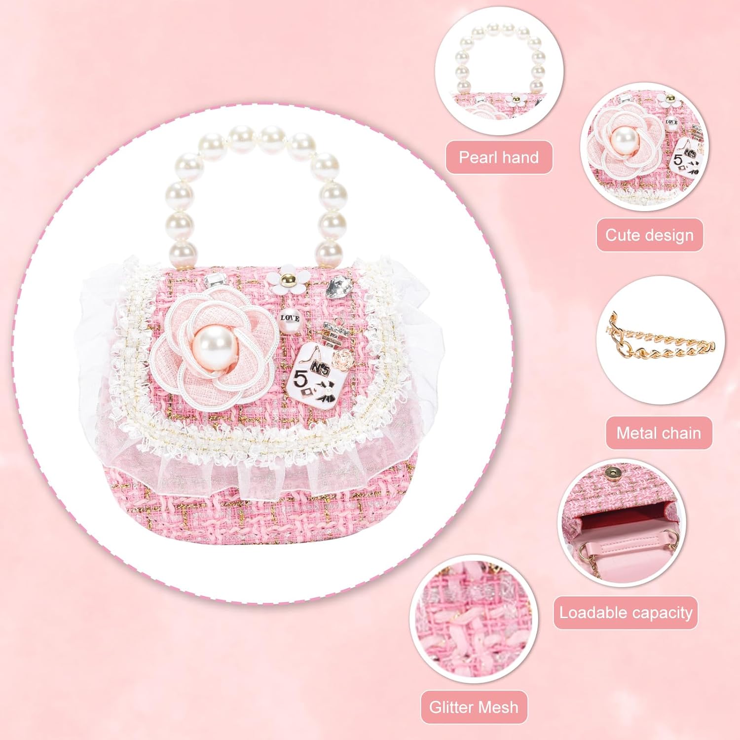 Girls Princess Purses Cute Bunny Toddler Crossbody Bag Handbag with Pearl Handle Shoulder Chain Bag - Image 3