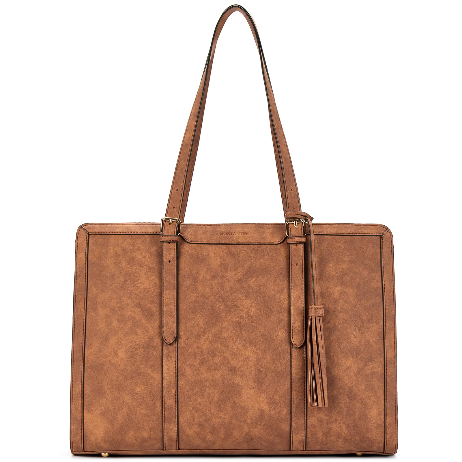 BOSTANTEN Damen Laptop Handtasche 15.6 Zoll Aktentasche PU Leder Schultertasche Frauen Businesstasche Große Shopper Tasche mit 3 Fächern,Braun