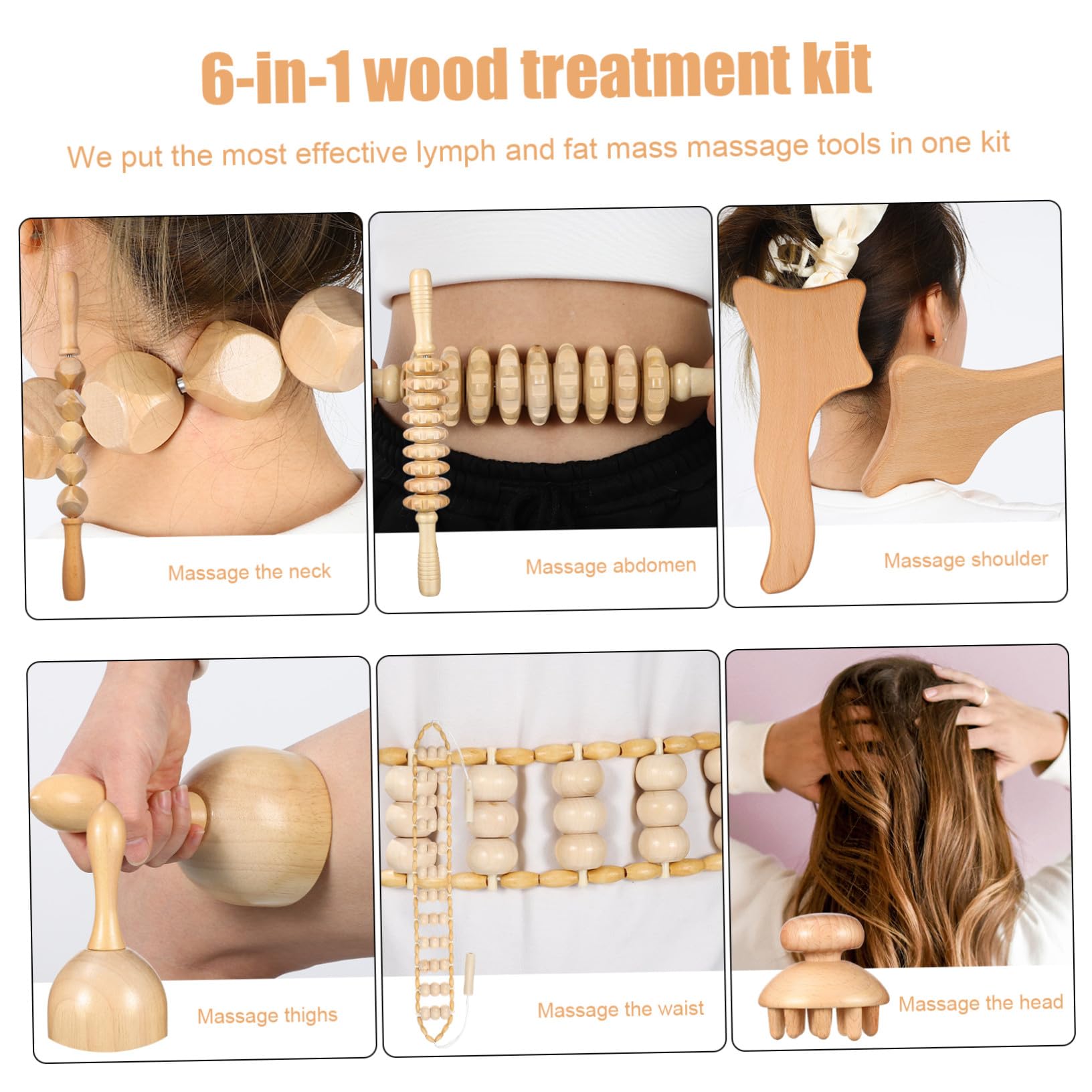 minkissy 6Stücke Massagewerkzeug aus Holz Teiliges Maderotherapie Kit für Muskelentspannung Holzrollen Konturbrett und Massagetafel für Nacken Schulter und Körperpflege