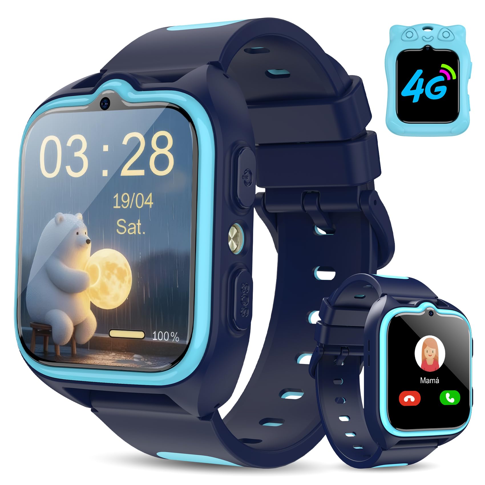 IOWODO Smartwatch Bambini con SIM 4G | Orologio GPS Bambini con Videochiamata HD, Localizzazione GPS+WiFi+LBS, SOS, Controllo Genitori, Modalità Scuola, IP68 (Blu)