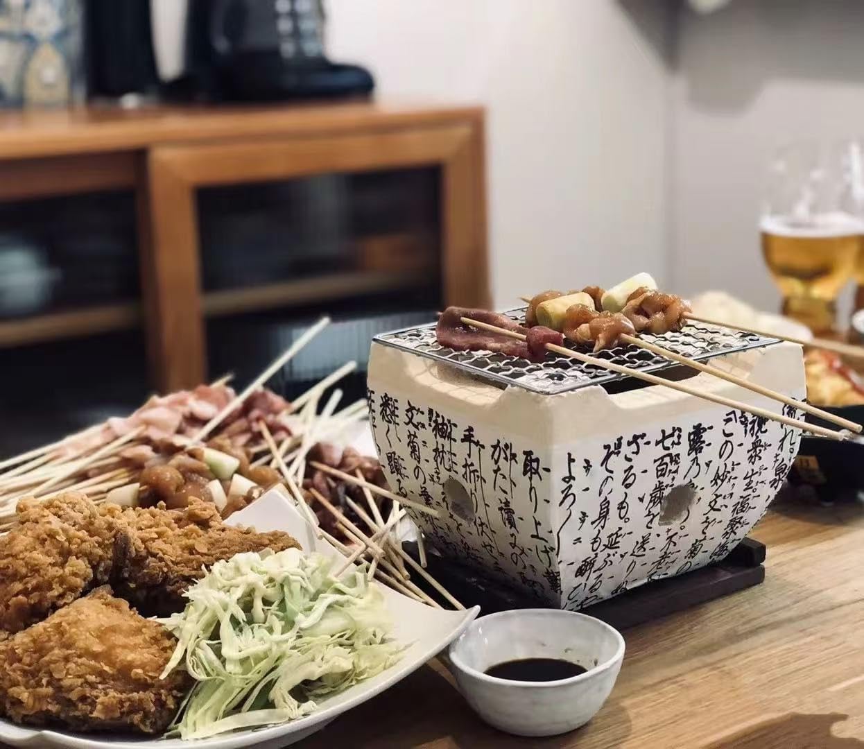 LBYGQ 焼き鳥焼き器 焼き鳥 コンロ 角型 七輪 一人用 しちりん 卓上七輪 セラミック ミニ 火鉢 和風4in1 多機能 おし