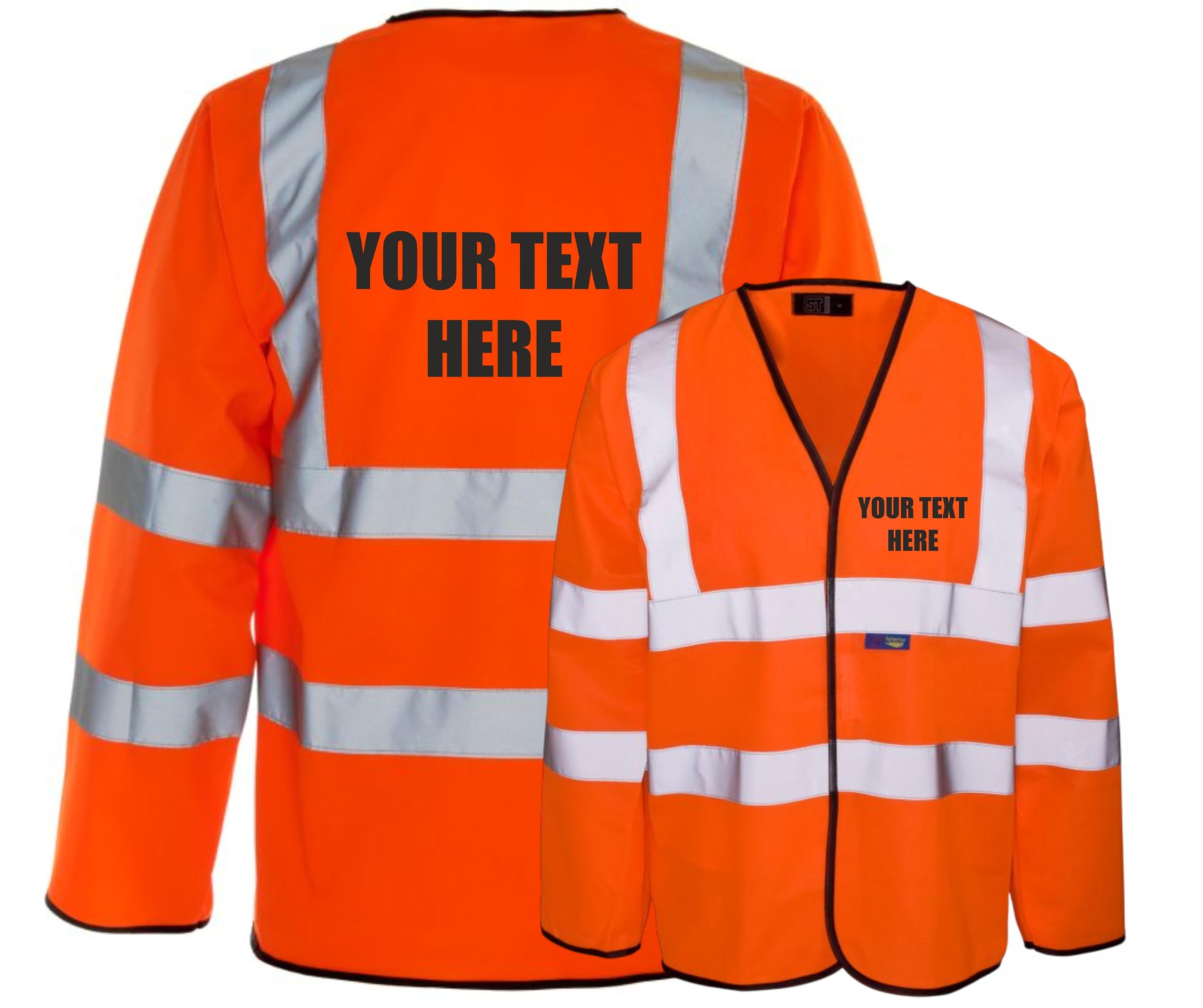 Orange Personalised Custom Printed Long Sleeve Vest Hi Vis Viz Reflective Safety Vest Waistcoat, Conforms to EN20471 Class 3 & GO/RT 3279, High Visibility, By Brook Hi Vis, XLarge