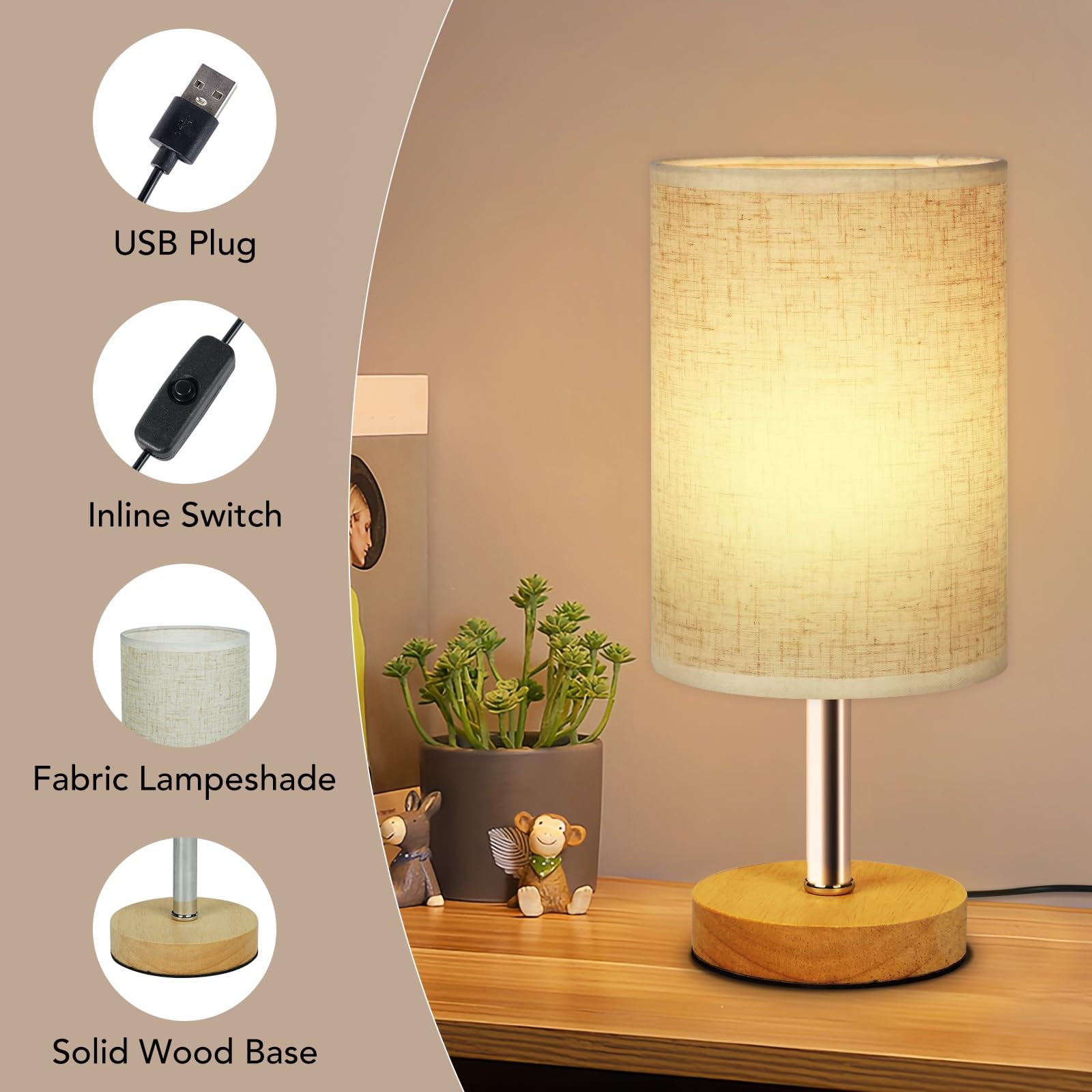 SurezoTich Bedside Lamp, USB Bedside Table Lamp, Warm Light Small Table Lamps, Wooden Base Linen Fabric Shade - Image 3