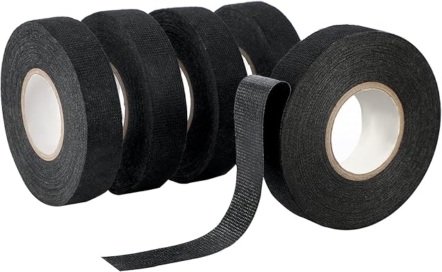 SAVITA 5 Rolls of Harness Tape, Heat Resistant Fabric Cloth Tape, Adhesive Automotive Wire Loom Tape for Wrapping, Car Wiring, Heat Proof, Noise Damping(Black)