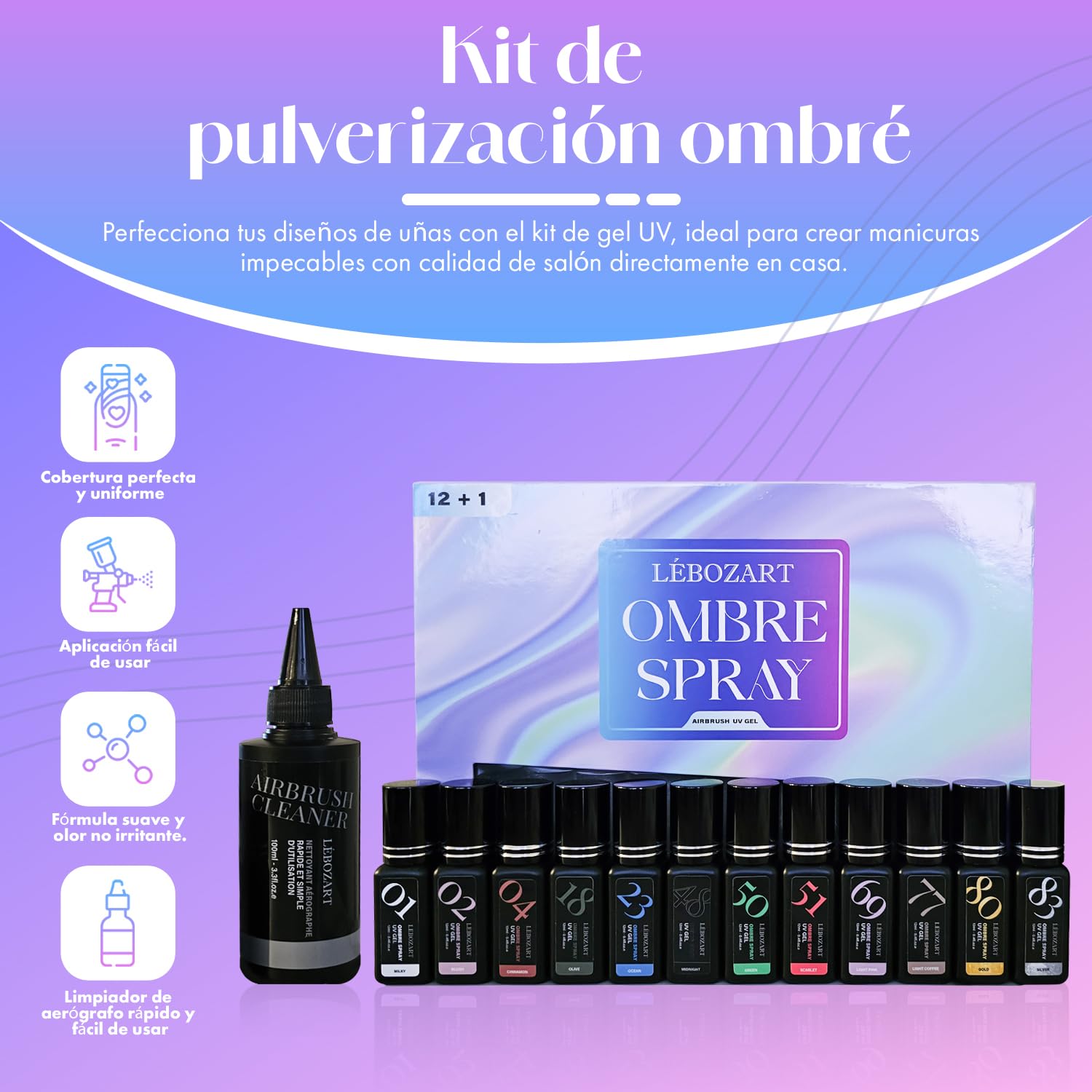 Kit de 12 esmaltes semipermanentes, gel UV aerógrafo, uñas de secado rápido, lámpara UV/LED, alta pigmentación, manicura y uñas, limpiador aerógrafo, plantilla
