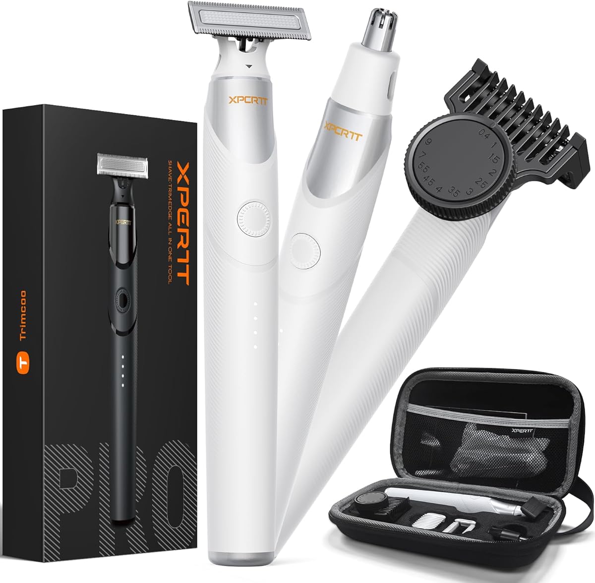 New Electric Beard & Nose Hair Trimmer Kit - Painless Razor with 12 in 1 Rotating Comb, Magnetic Nose Hair Head, Waterproof Wet/Dry, Groin/Ball Shaver for Men, USB-C Fast Charging,White(Pack)