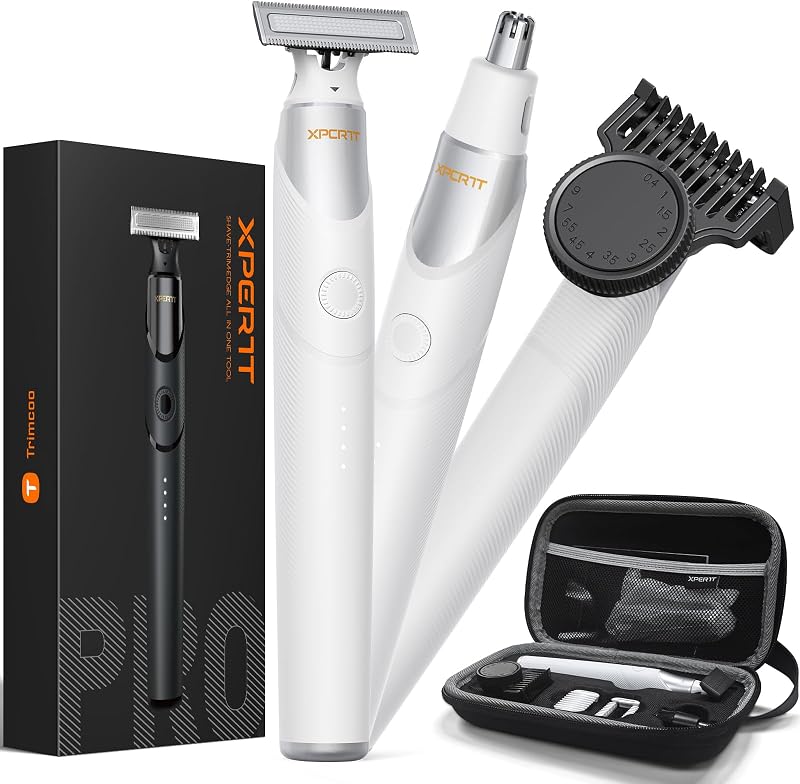 Aparador elétrico Trimcoo para barba e pelos do nariz, com pente rotativo de 12 posições, cabeça magnética para nariz, uso seco e molhado, USB-C, branco, pacote com acessórios