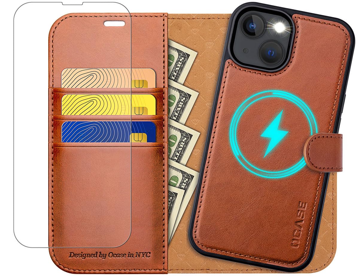 OCASE Compatible with iPhone 14 Wallet Case with Card Holders, Magnetic Detachable 2 in 1 Flip PU Leather Case Folio RFID Blocking Kickstand Shockproof Removable Phone Cover 6.1 Inch 2022 (Brown)