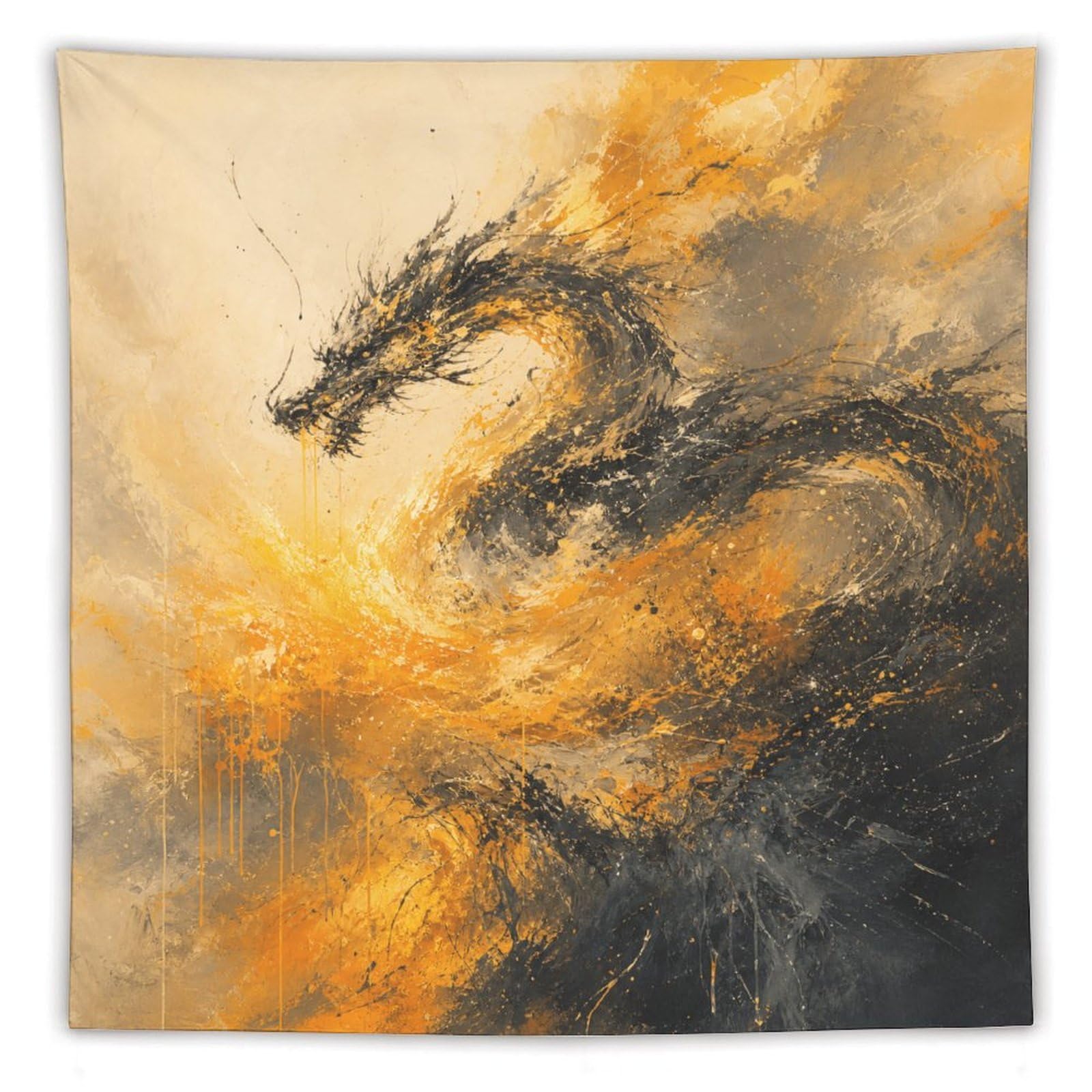 W7C8U2X3 Black Dragon Flame Wall Tapestry, Surrealist Style, Golden Smoke