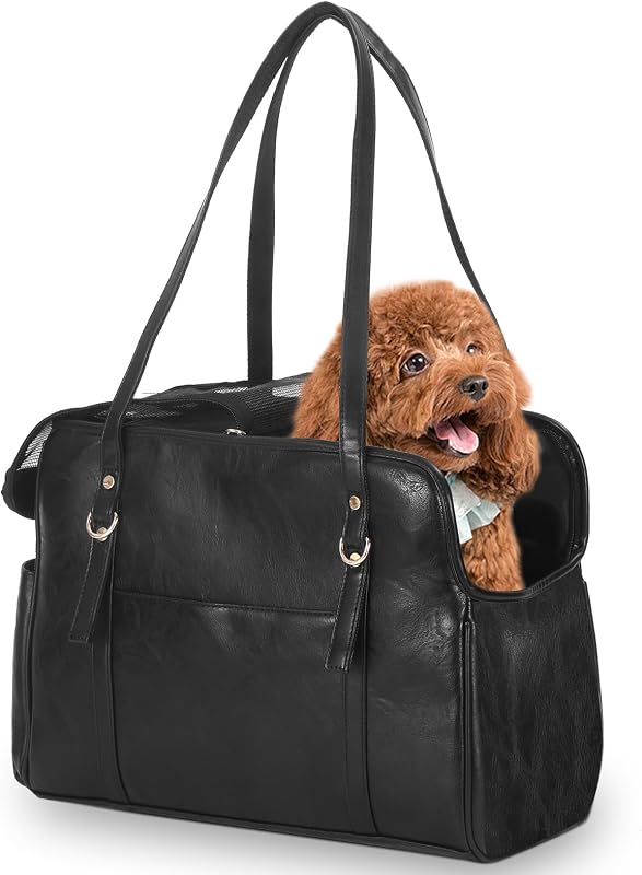 Bolsa de Transporte para Cães e Gatos Pequenos Lasaviin em Couro Vegano com Bolsos Preta – 40,64 x 17,78 x 29,21 cm