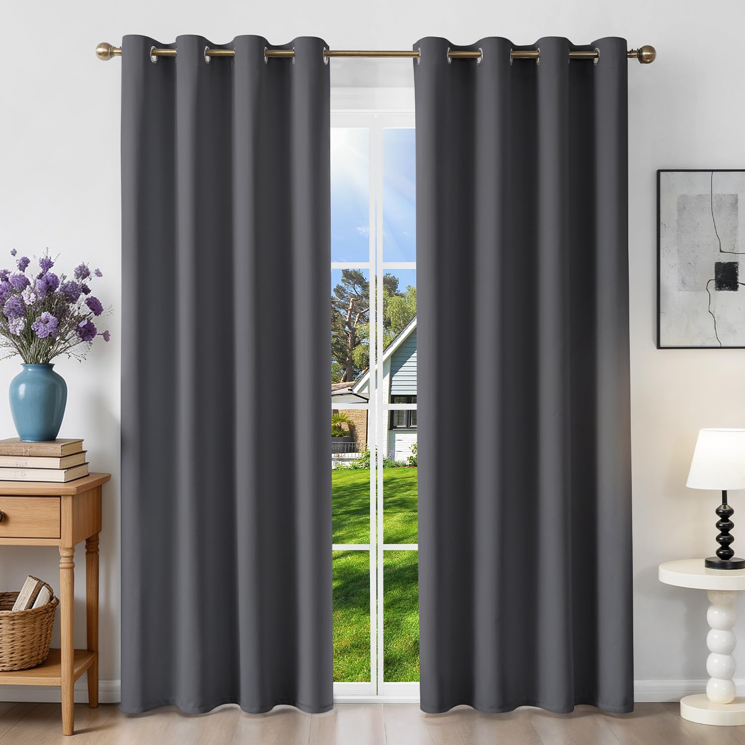 Runyéla Blackout Curtains for Bedroom Eyelet 46 x 72 Inch Drop Grey Thermal Black Out Curtain for Living Room, 2 Panels, Dark Grey