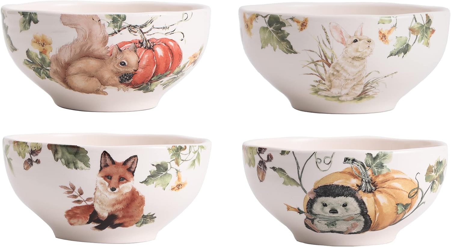 Bico Woodland Critters 24oz Ceramic Cereal Bowls, Set of 4, for Pasta, Salad, Cereal, Soup & Microwave & Dishwasher Safe