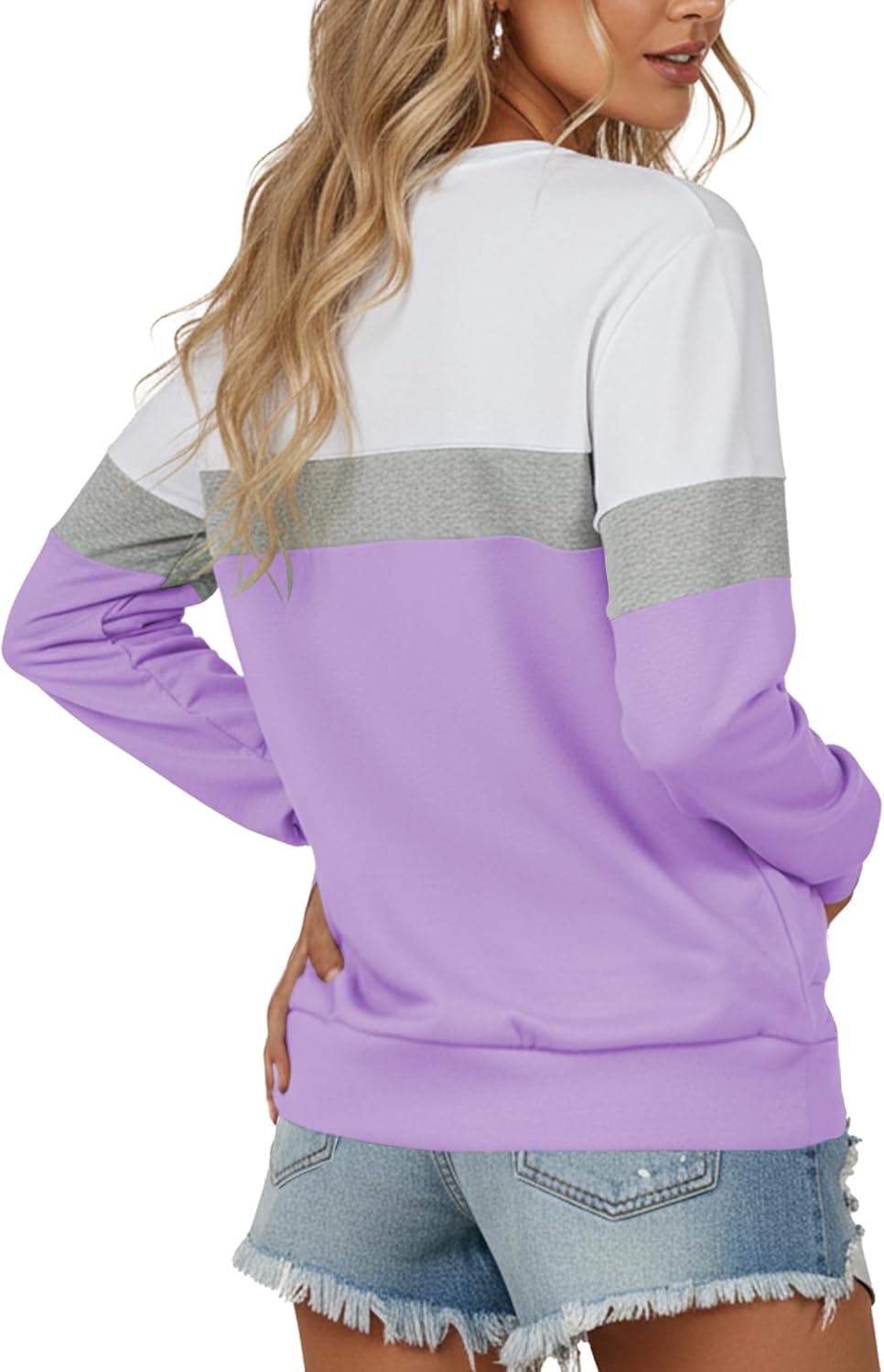 Sweatshirt for Women Color Block & Solid - Cozy Long Sleeve Crewneck Top | Soft Casual Fall Wear White Purple - Image 2
