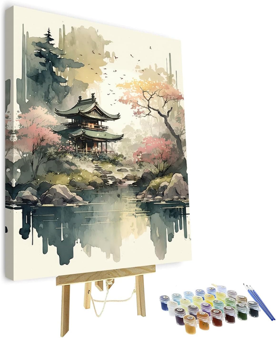Paint by Numbers for Adults Enchanting Japanese Watercolor Paint by Number Kits Japan Landscape Paint by Numbers for Adults Beginner Abstract Artwork Wall Decor Oil Painting, 16"x 20" with Frame
