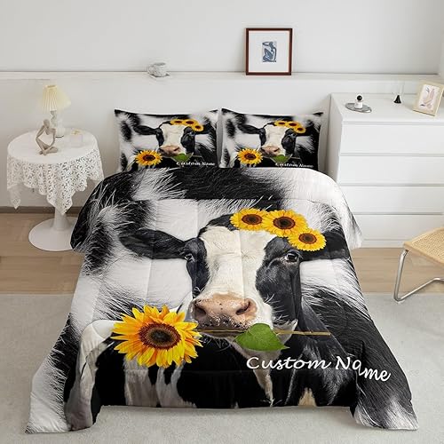 Erosebridal Juego de edredón personalizado de vaca de las tierras altas, juego de ropa de cama con estampado de vaca negra y blanca para niños,