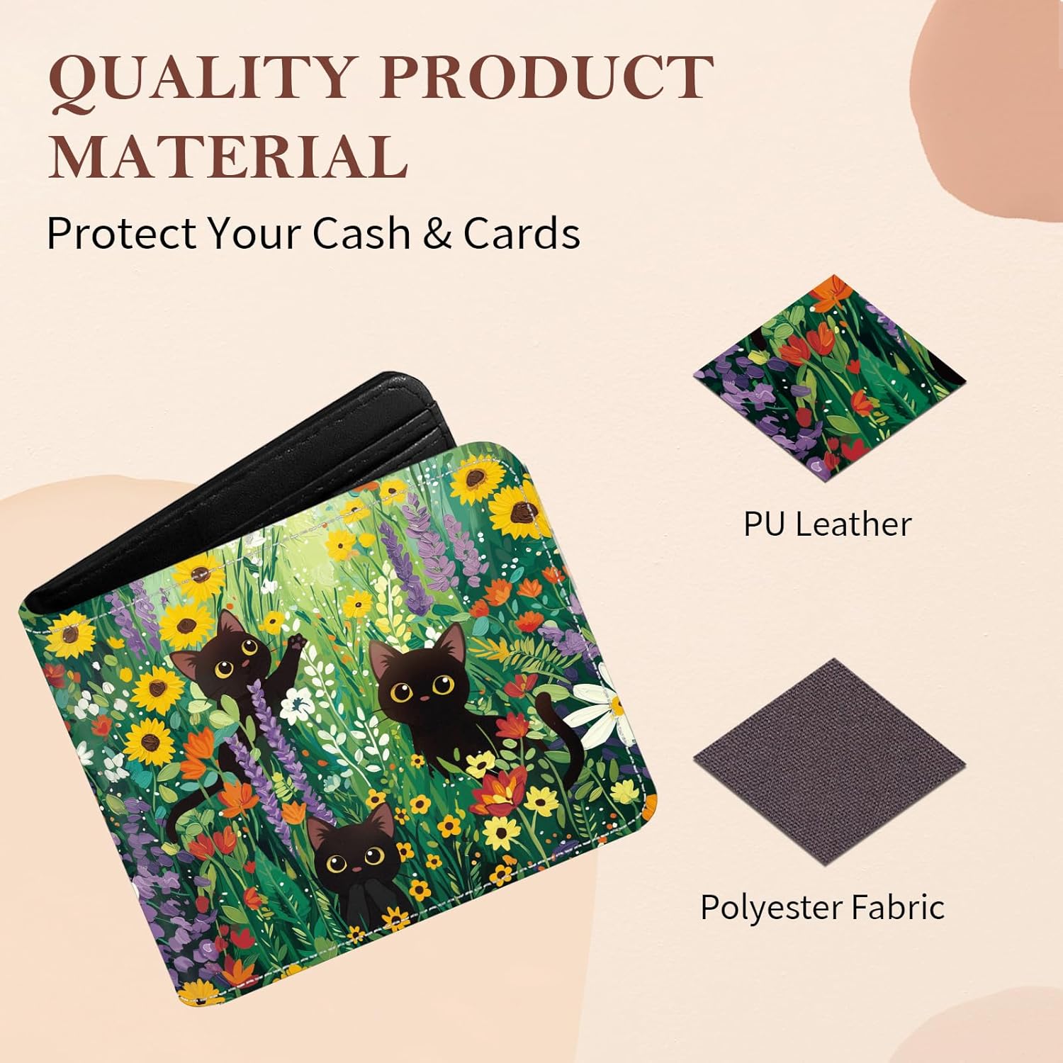 Black Cat Bifold Wallet for Men, Women, Cat and Flower Small Slim Coin Pocket Wallet with ID Window for Cat Lover, Green Flowers Gift for Female Ladies - Image 6