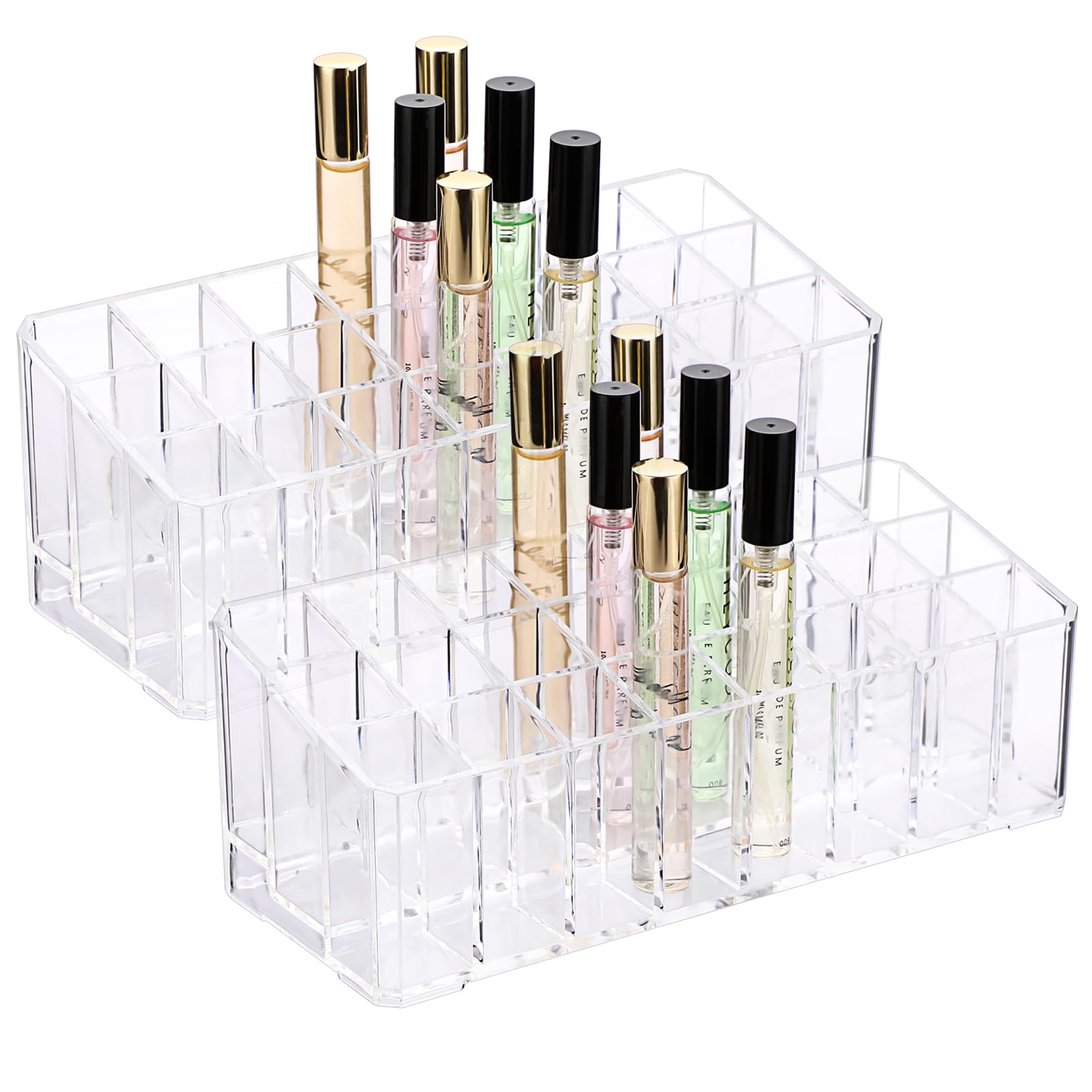 ELLDOO 2 Pack Rollerball Perfume Organizer, 24 Spaces Clear Acrylic Perfume Storage Holder Beauty Scent Holder, Makeup Lipgloss Lipstick Display Case
