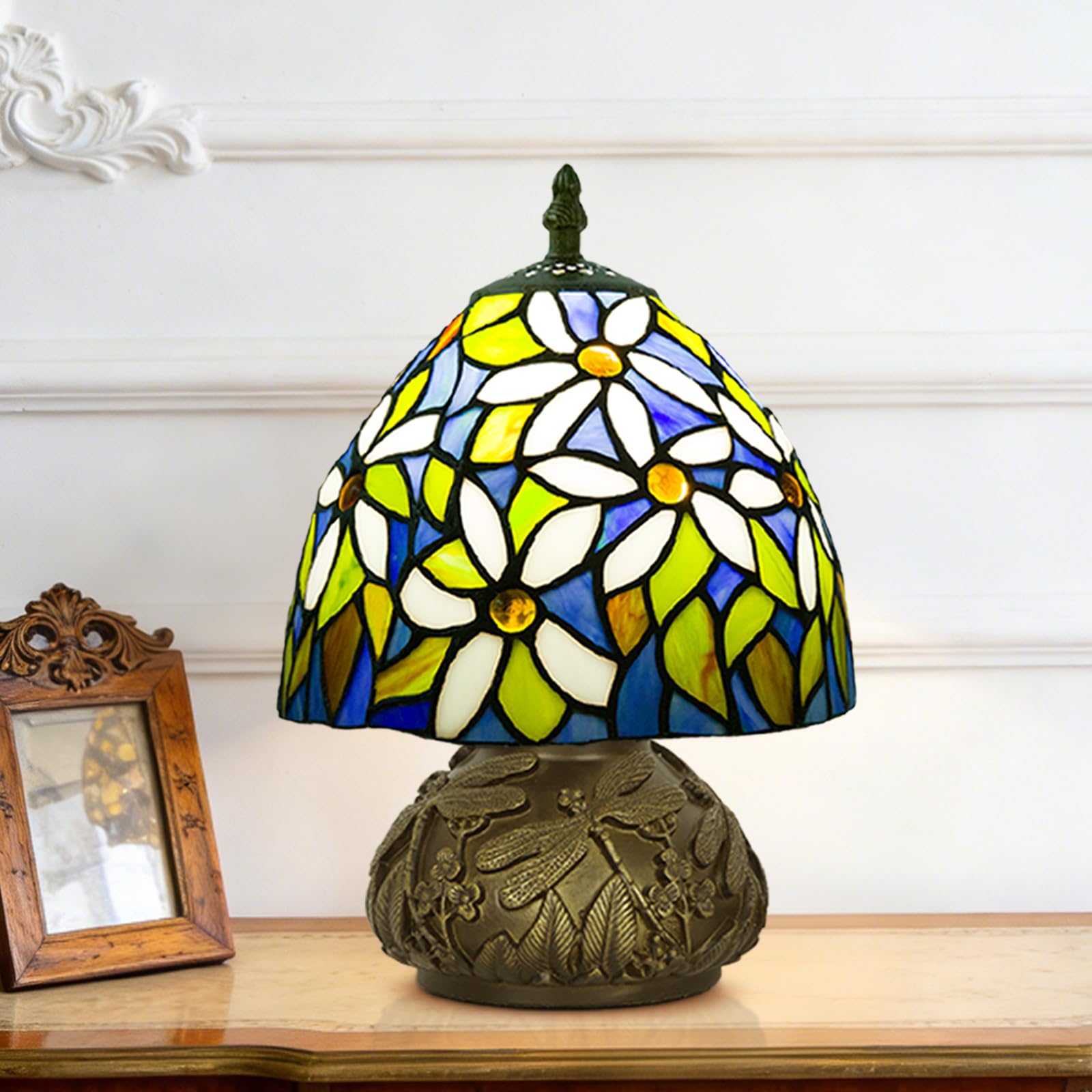 JHuiLap Small Tiffany Stained Glass Lamp, 3 Color Temperatures Bedside Lamp, 8 Inch Mushroom Desk Light for Bedroom Living Room Office Home Decor (White Flower)