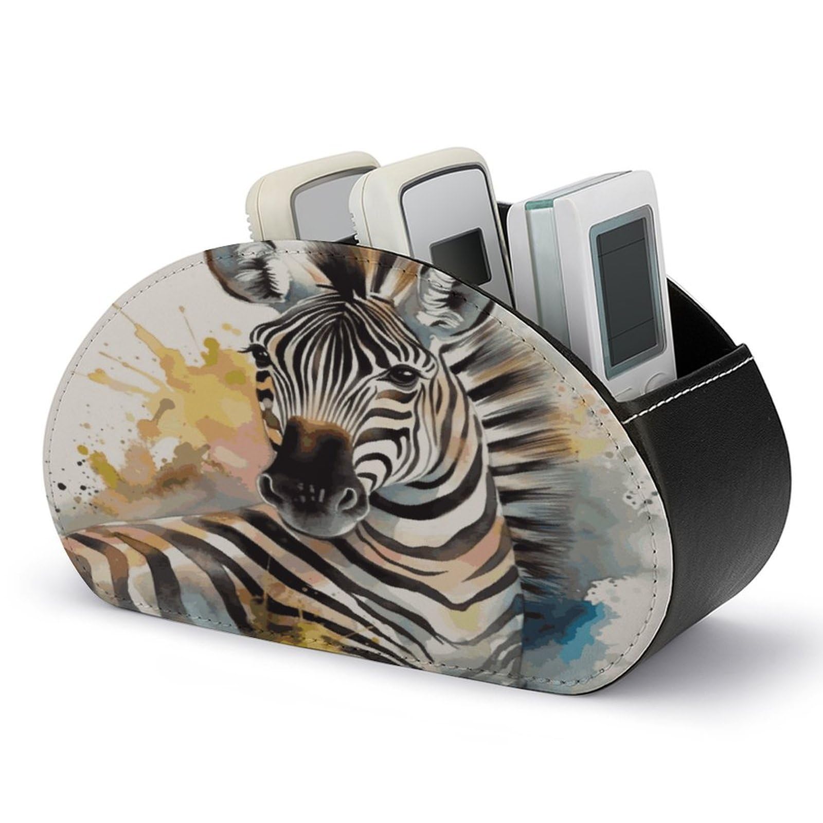 FekiLoot Cute Zebra Watercolor Remote Control Holder with 5 Compartments Multi-functional TV Remote Caddy Organizer Leather TV Remote Holder Desktop Organizer Store for Bedside Table Office Desk