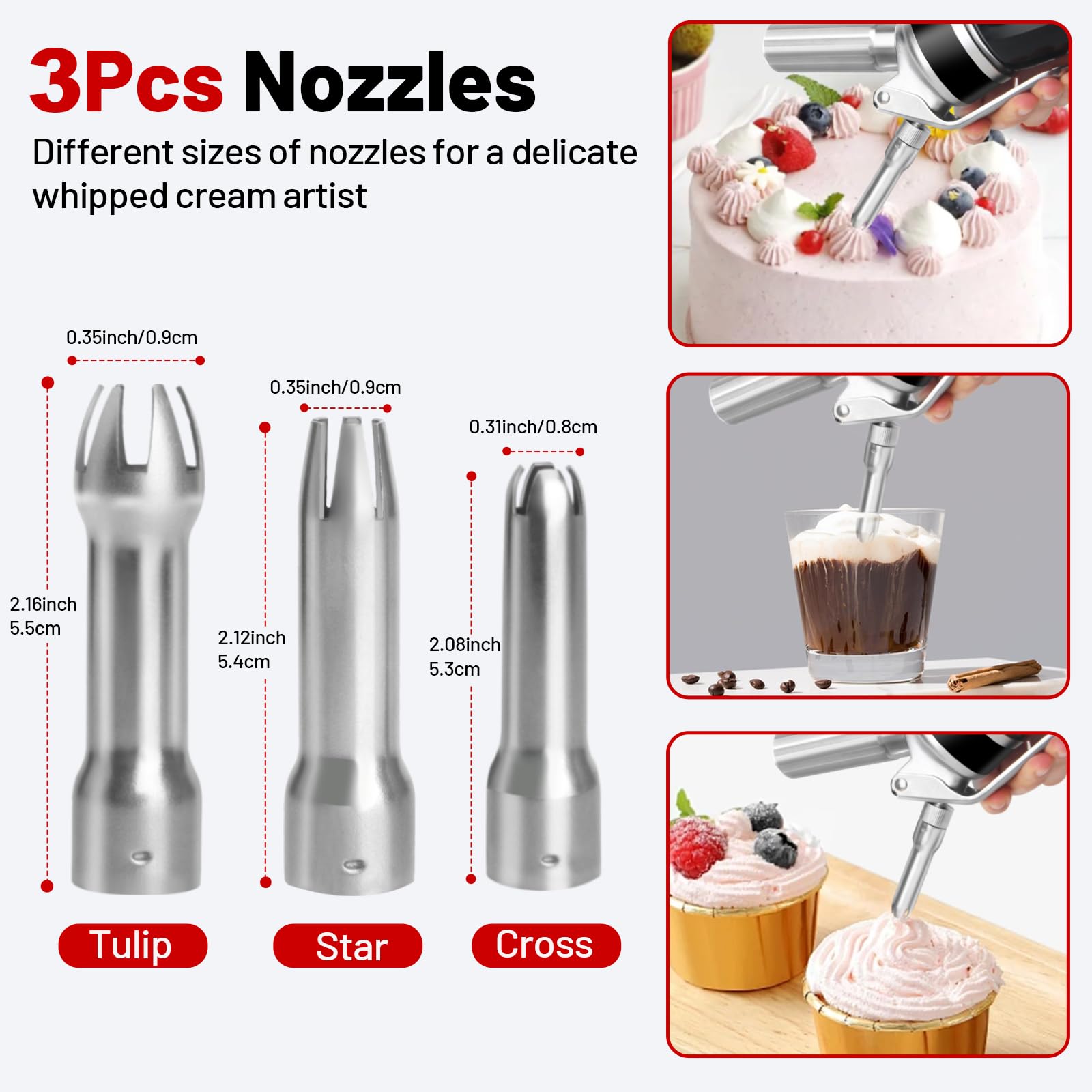Sifón de Cocina,500 ml sifón de Cocina espumas,sifon de Nata Aluminio para Espumas Dulces Y Saladas Nata Mousse,con 3 boquillas Acero Inoxidable
