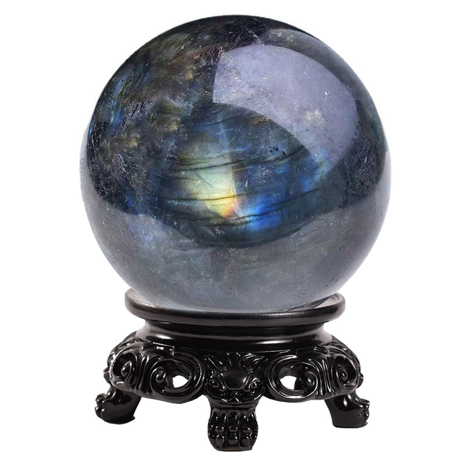 NHKSFBLQ Labradorite Ball Crystal Sphere with Wood Stand,Gemstone Sphere Ball Sculpture Figurine for Fengshui Divination Home Decoration,2.4"(6cm)