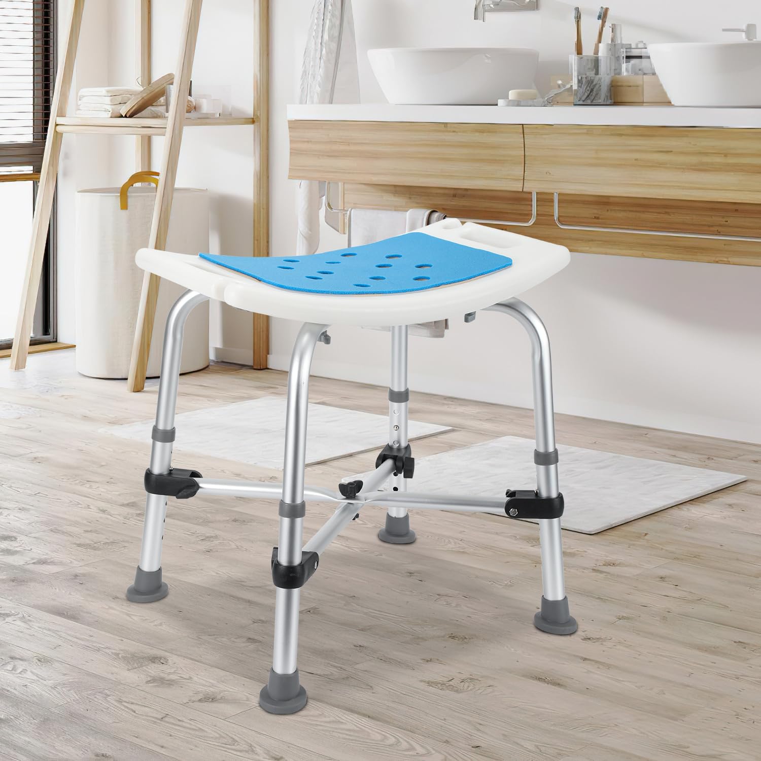 Taboret prysznicowy, bardzo szeroki, krzesło prysznicowe, z regulacją wysokości do 180 kg, szerokość siedziska 51 cm, siedzisko z poduszkami do siedzenia, podwójne poprzeczne wsporniki i
