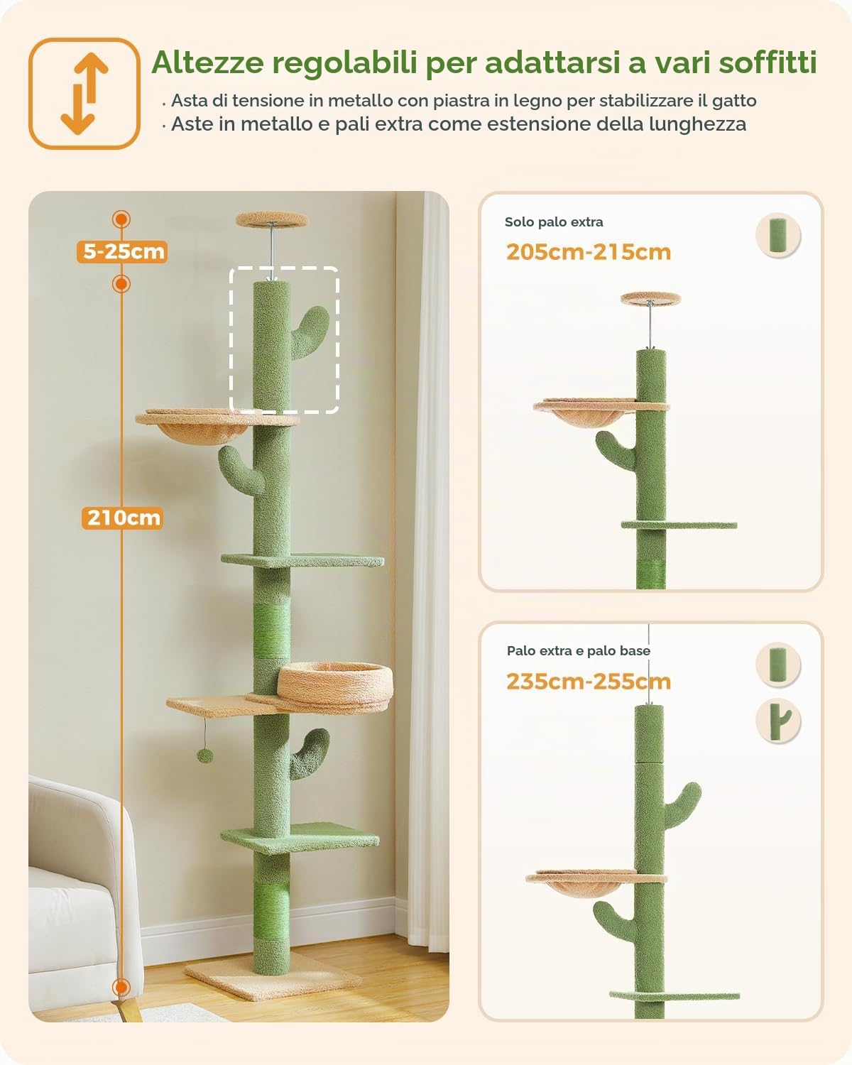 PAWZ Road Albero per gatti a forma di cactus dal pavimento al soffitto, 5 spaziose piattaforme, torre per gatti con tiragraffi spessi 10,5 cm, amaca sostituibile e palline pendenti per gatti interni