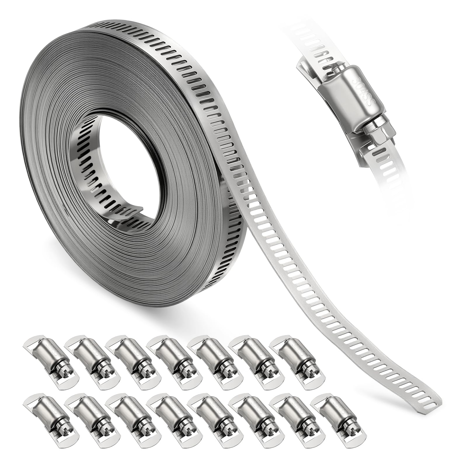 Kozelo 1Pcs Stainless Steel Band Hose Clamp, DIY 30 ft Metal Strap + 15 Heavy Duty Fasteners Adjustable Worm Gear Hose Clamps Assortment Kit, Metal Strapping for Radiator, Dryer, Fuel