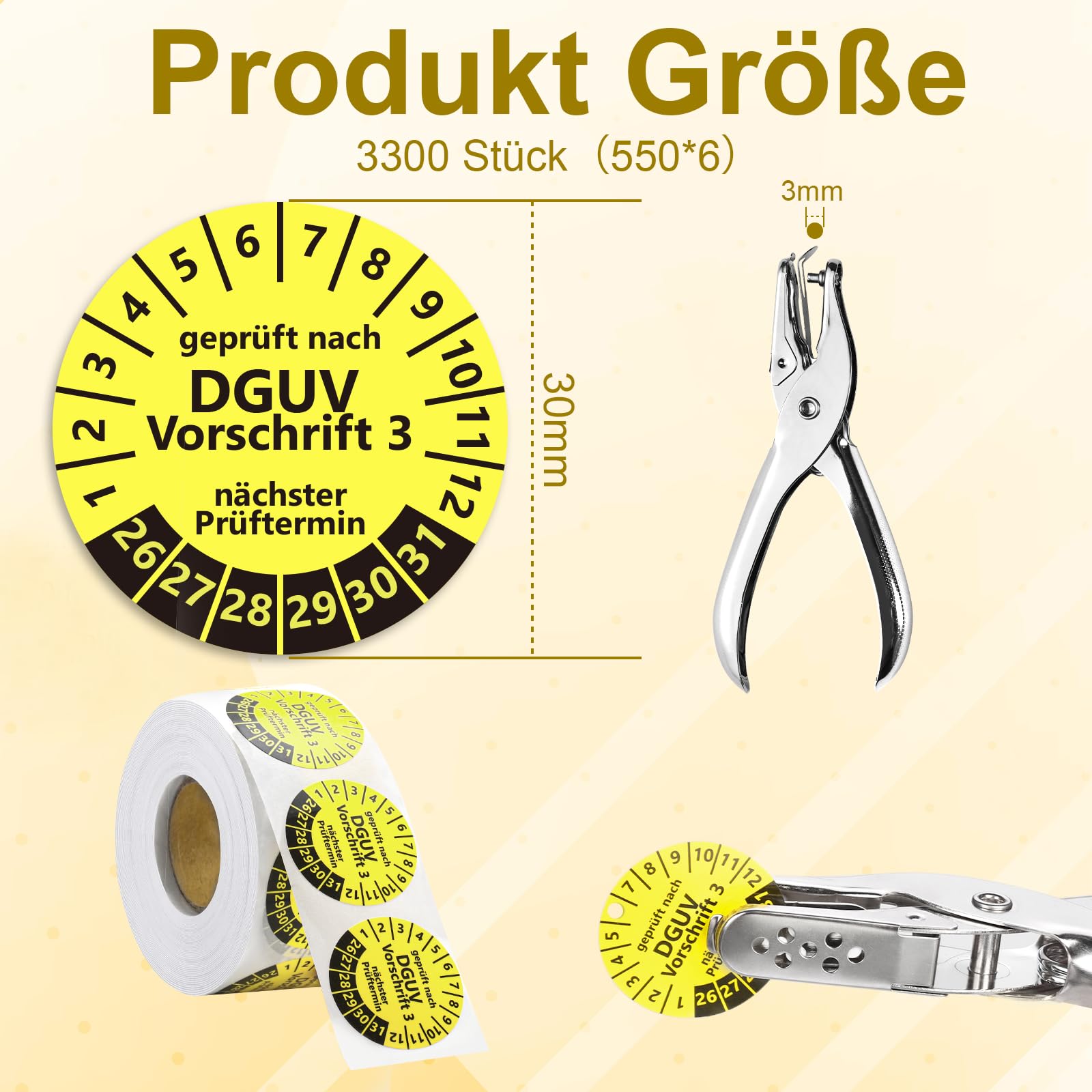Lot de 3300 étiquettes d'essai DGUV V3 30 mm 2026-2031