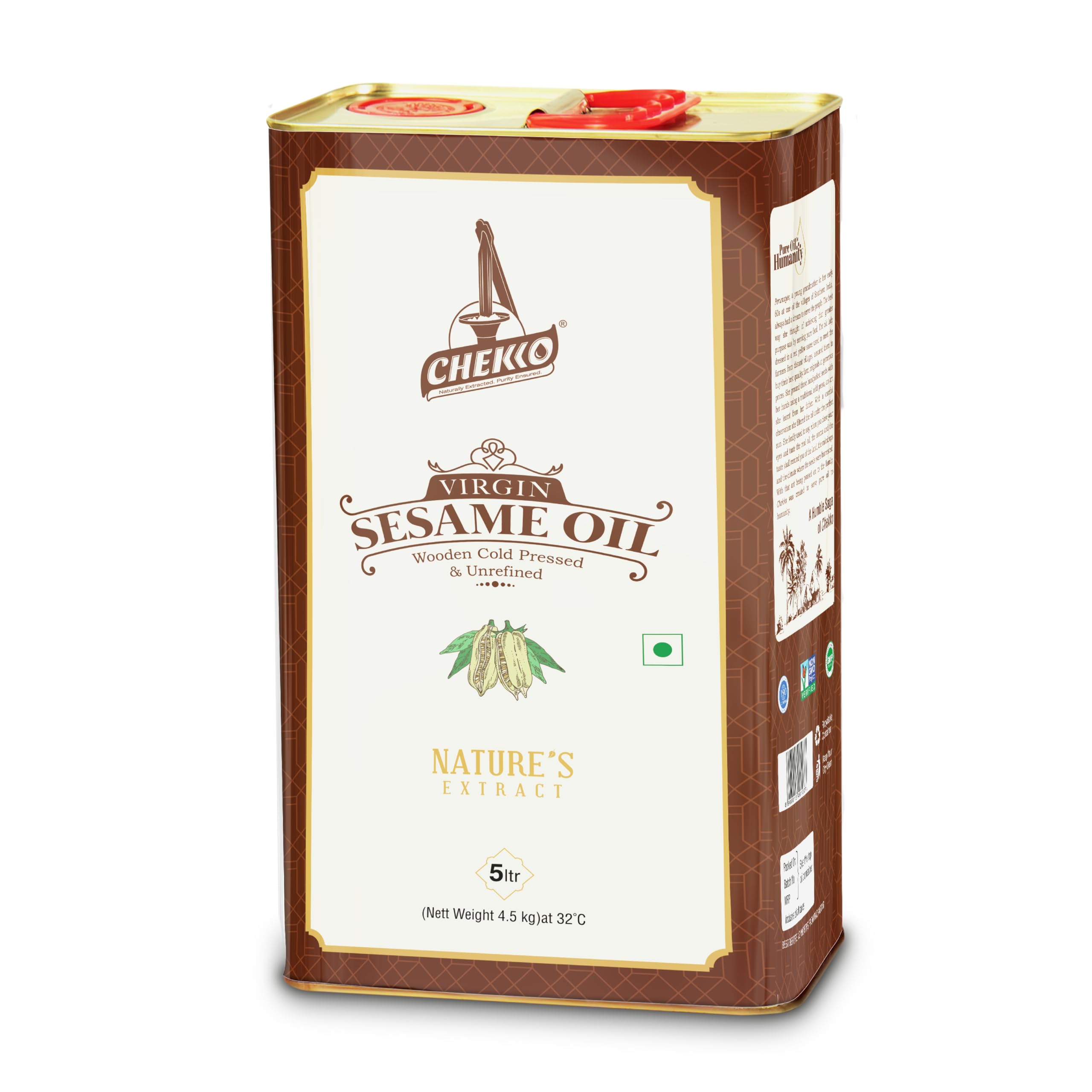 Chekko Cold Pressed Virgin Sesame (Gingelly) Oil | 100% Natural, Pure & Wood Pressed (5L) for Cooking, Haircare, Seasoning, Oil Massage and Oil Pulling…