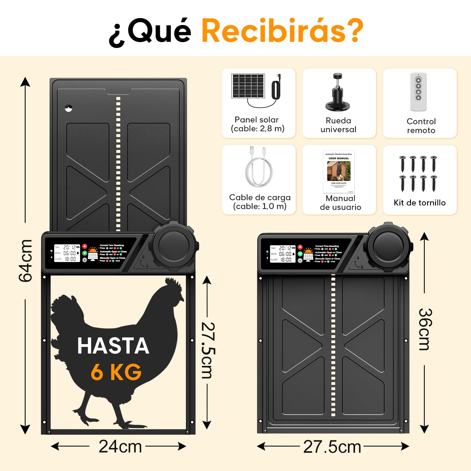 Puerta automática para gallinero solar con pantalla LCD impermeable, temporizador, control remoto, función antipellizco, negro