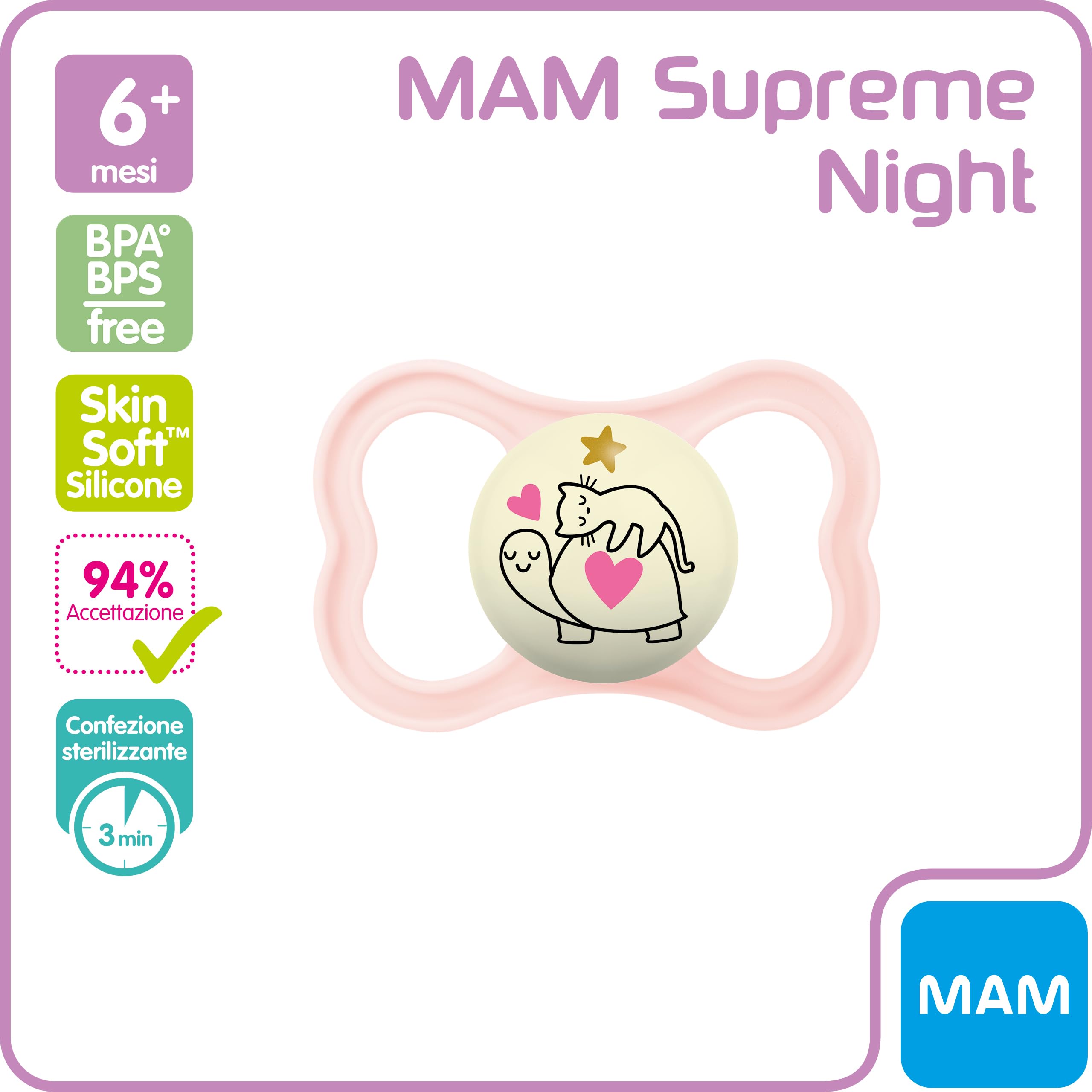 MAM Supreme Night Ciuccio Luminoso in Silicone, con Custodia Porta Succhietto, 6+ Mesi, Rosa
