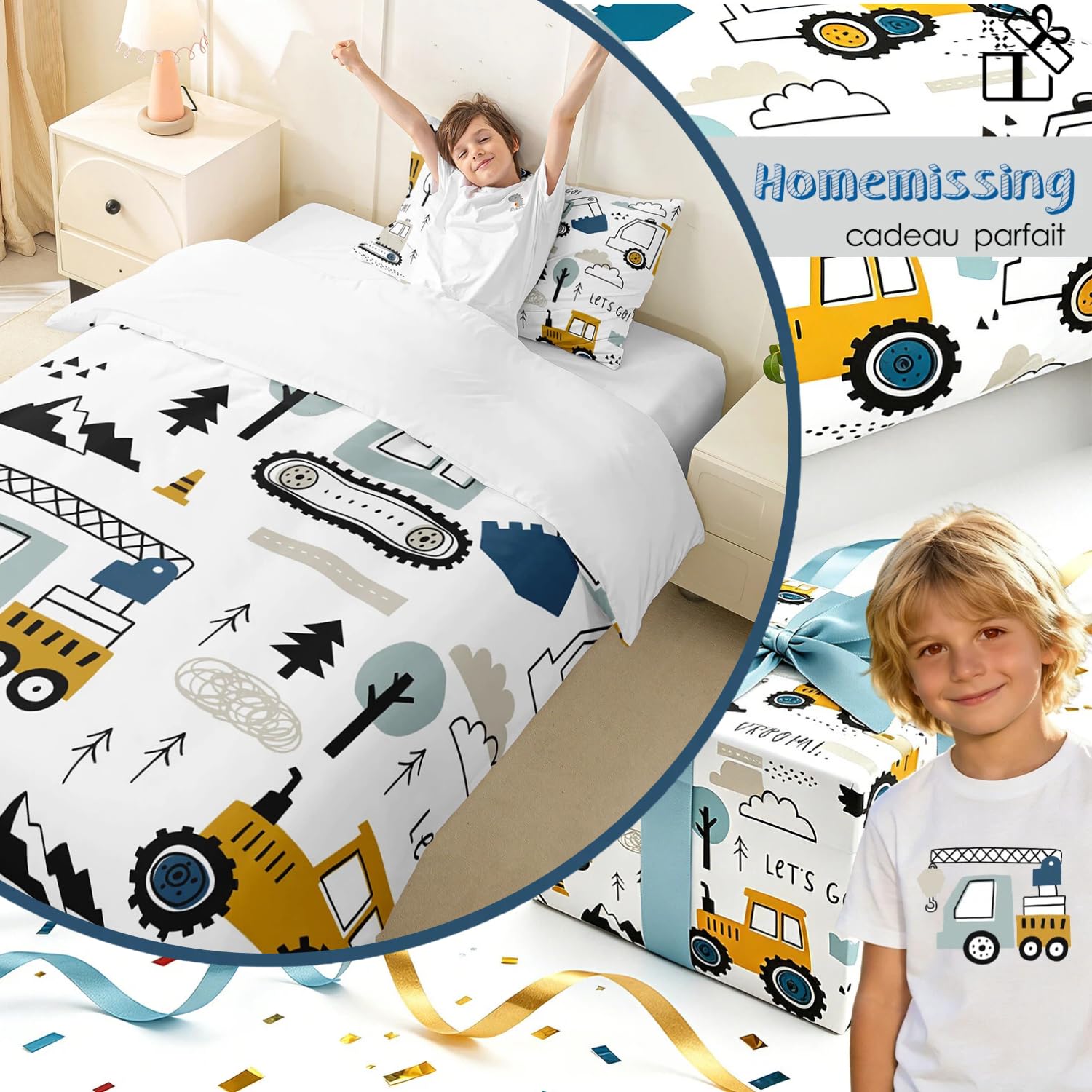 Ensemble de Literie de Voiture de Dessin Animé Ensemble de literie de Construction Housse de Couette 140x200cm Ensemble Enfants Garçon équipement camion Literie Excavatrice Tracteur Blanc Jaune