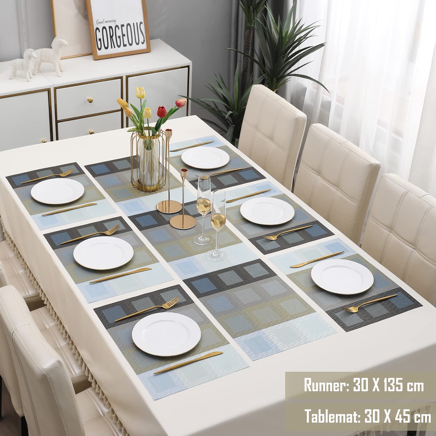 HOKIPO PVC 6 Placemats with Runner for Dining Table (AR2783), Assorted 3