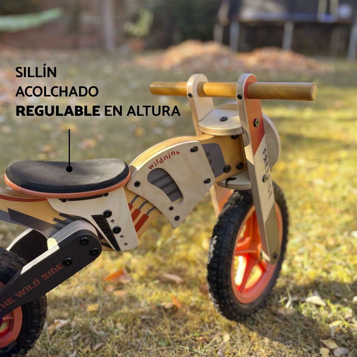 WILDNINS side bike Bicicletta senza pedali in Legno per bambini +3 anni con sella regolabile Moto bilanciamento bambini con ruote da 12"