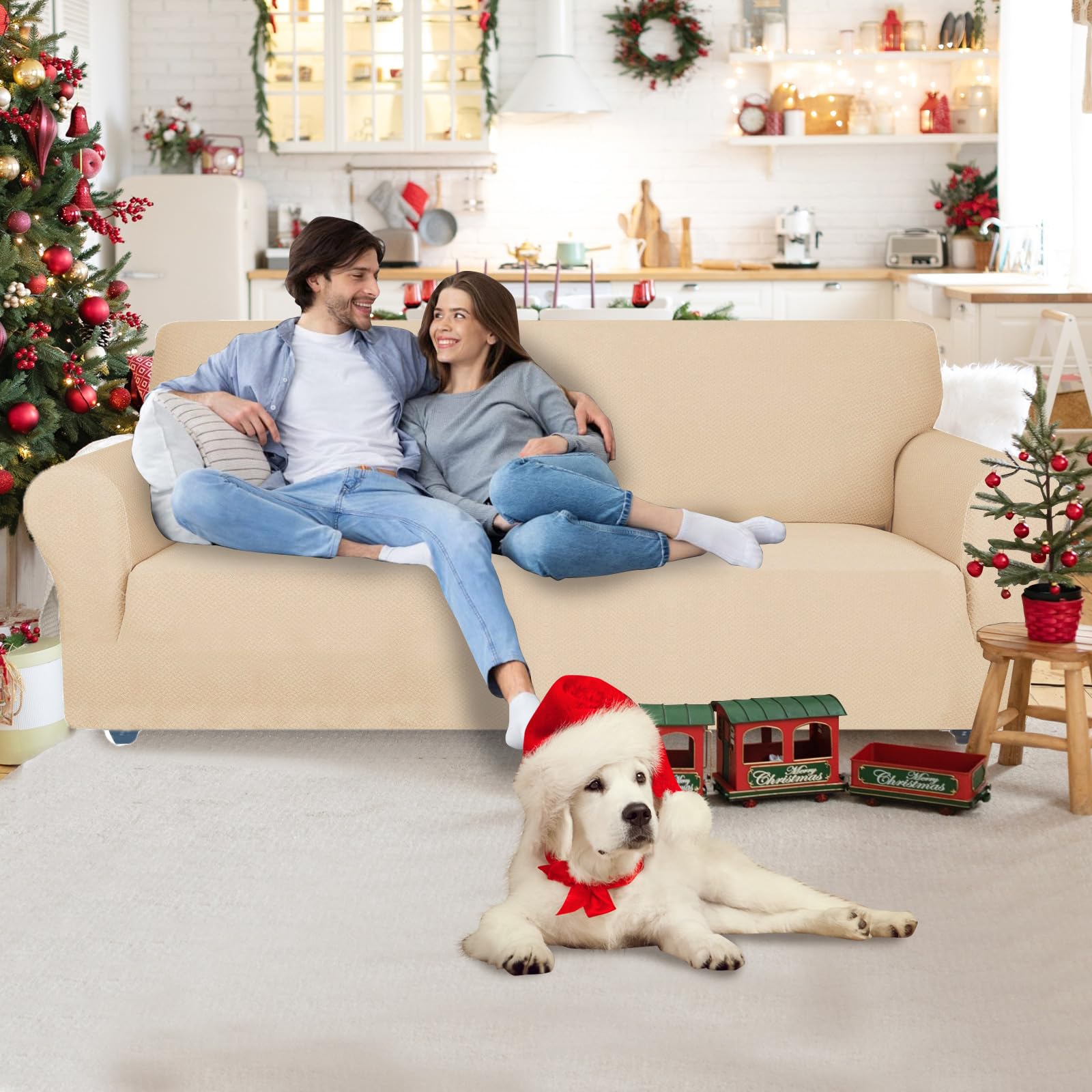 CYCMACO Copridivano 3 Posti Con Braccioli, Copridivani Elasticizzato Antiscivolo, Universale Moderno Copri Divano Antigraffio, Sofa Cover Antimacchia, Lavabile In Lavatrice, Beige Giallo