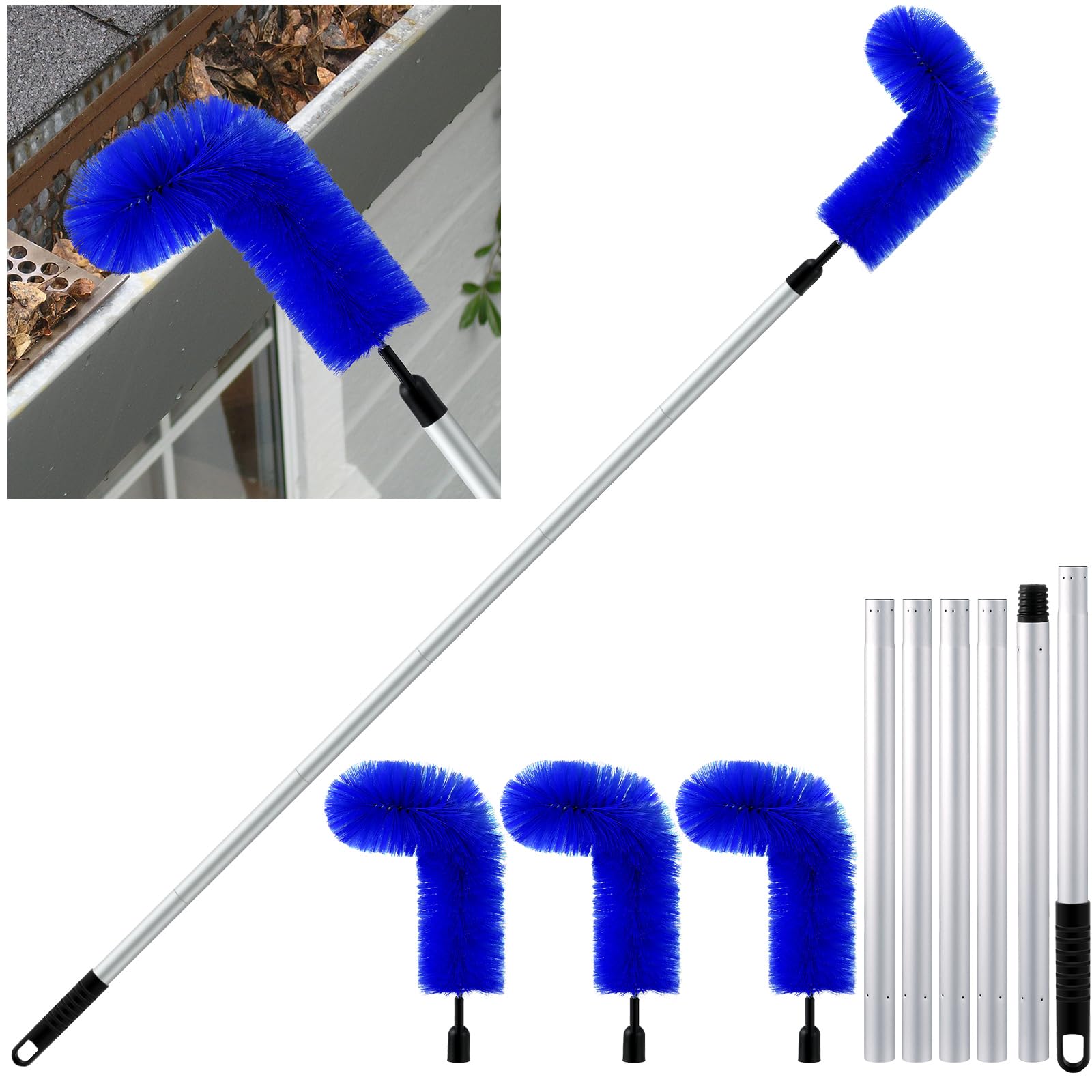 Layhit4 Pcs Gutter Cleaning Brush Gutter Cleaning Tools Gutter Cleaning Pole with 2 Pcs Replacement Wash Brush Head for Roofing Rain Gutter Guard Cleaning
