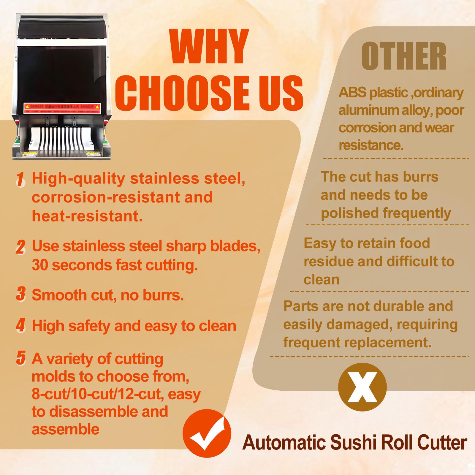 Automatische Sushi Maker Maschine, 55W Edelstahl Sushi Cutter mit Not-Aus-Taste und Werkzeugschutz für Zuhause und Cafeteria, glatte Inzision