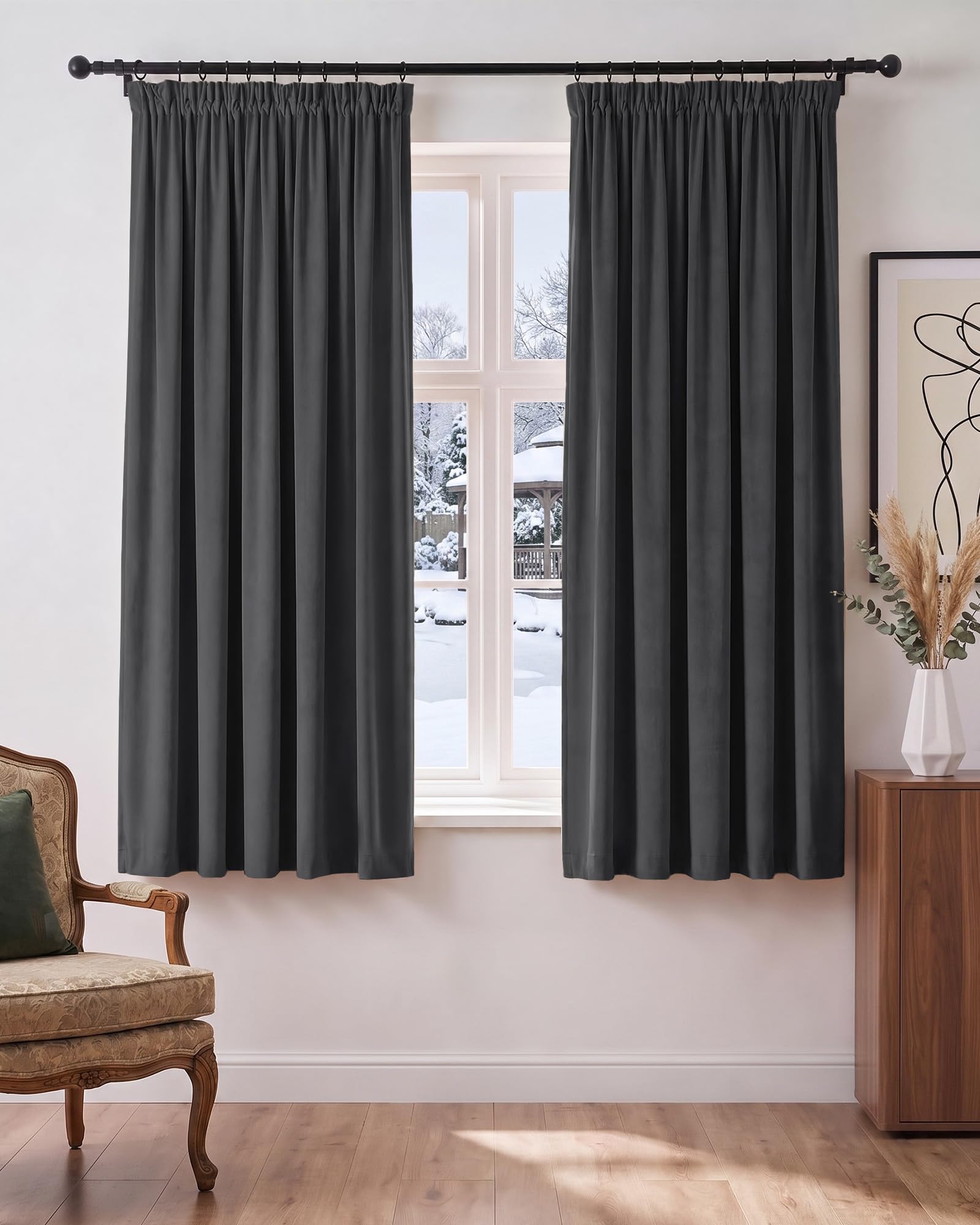 PONY DANCE Blackout Velvet Curtains with Pencil Pleat, Grey, 52x54 Inch
