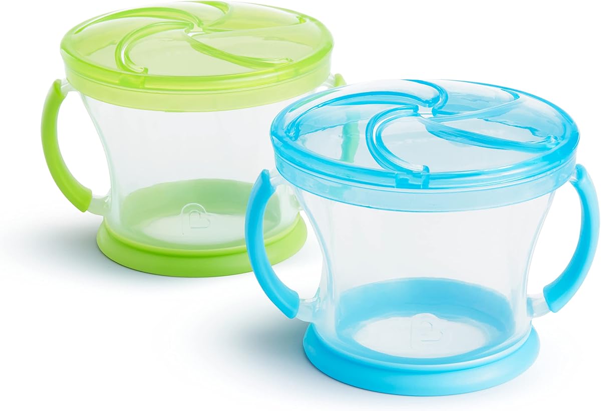 Tazas de aperitivos para niños pequeños Munchkin Snack Catcher, sin derrames, paquete de 2, azul/verde