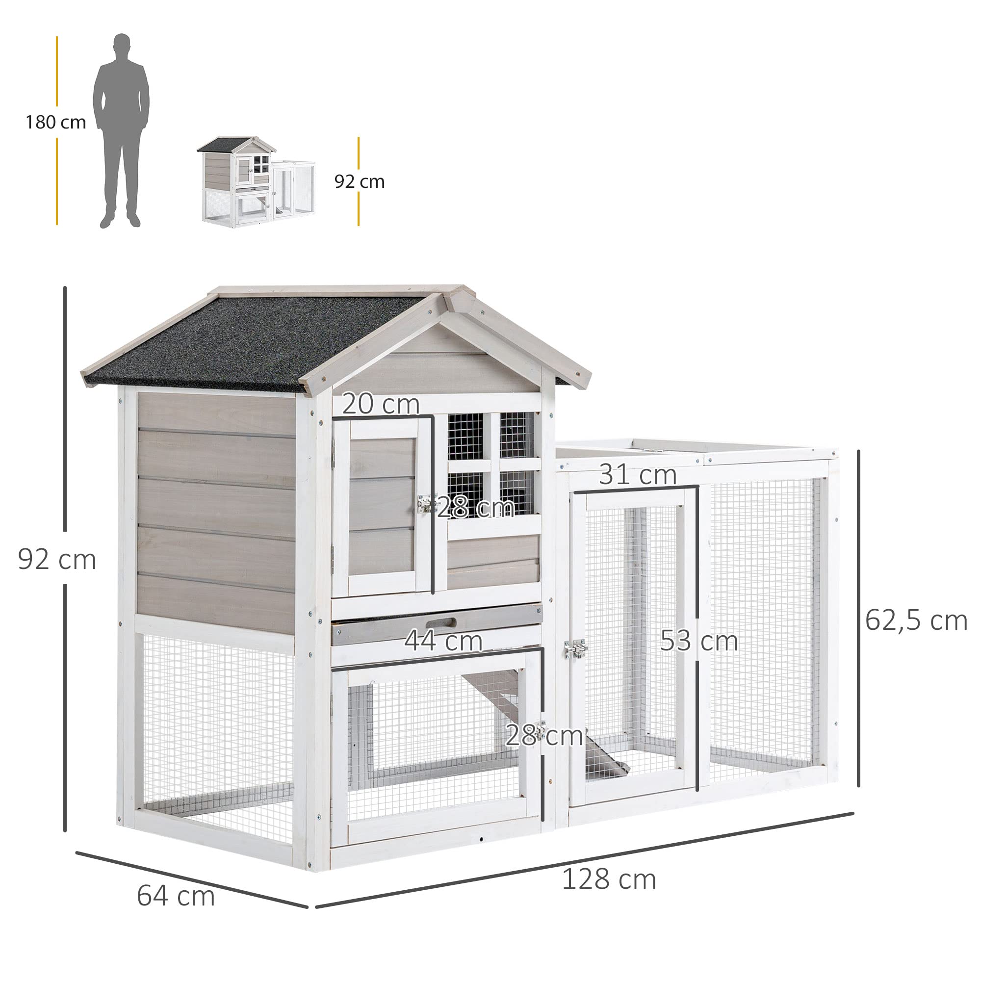 PawHut Kaninchenstall Kaninchenstall Cottage - obere Nische mit Rampe und Freilaufgehege - Schiebeboden, Bitumendach, 4 verschließbare Türen - ABM. 128L x 64l x 92H cm Tannenholz weiß grau