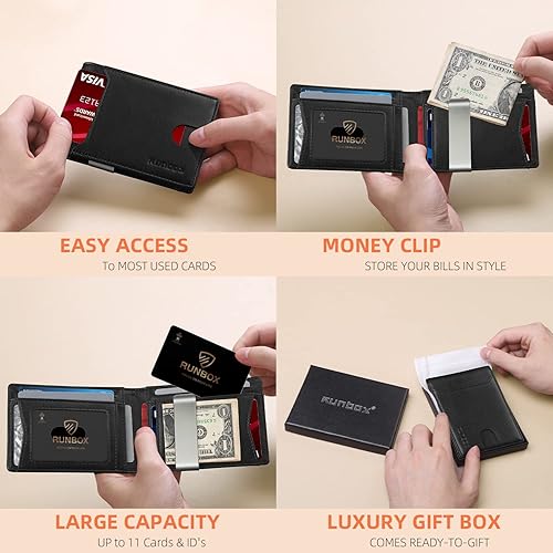 Miniatura 2 de RUNBOX Cartera delgada para hombre con clip para dinero, bloqueo RFID, bolsillo frontal, plegable, minimalista, tarjetero de crédito para hombres
